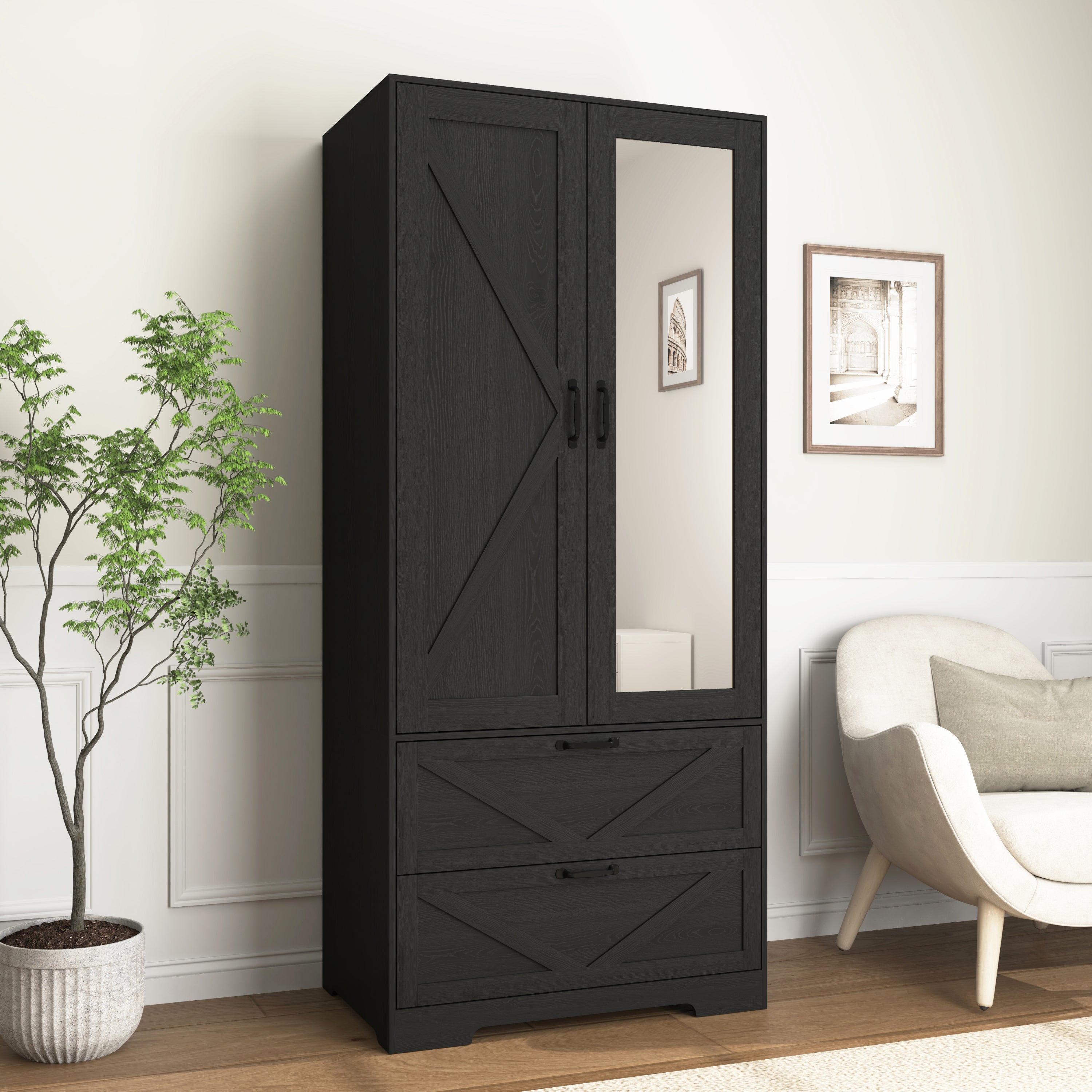 2 Door Wood Wardrobe for Bedroom with Hanging Clothing Rod inside the Cabinet and 2 Drawers for Storage Organization, Built-in induction light Multifunctional Closet with Mirror, Black - Grand Goldman Shop
