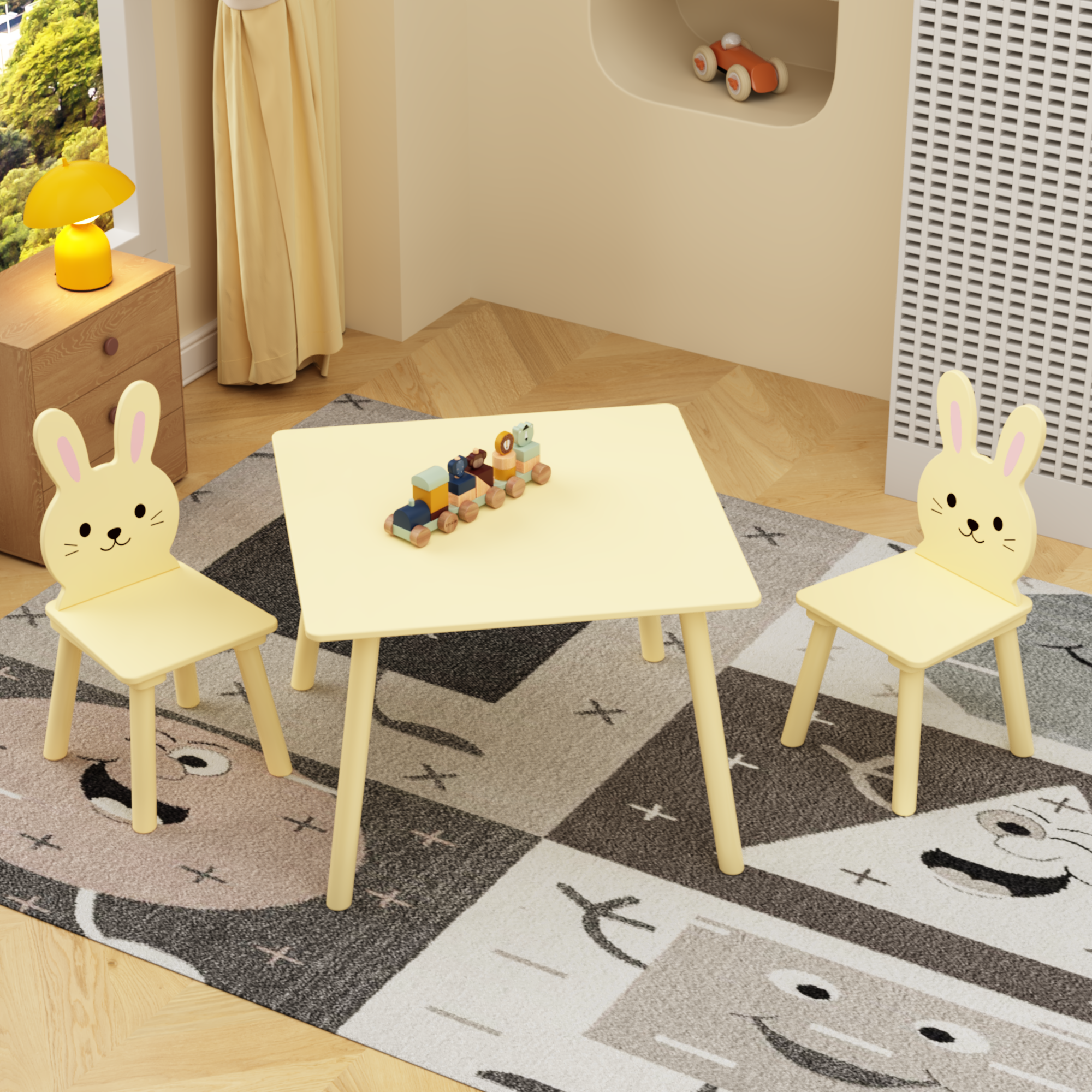 Kids Table and Chair Set with 2 Bunny Chairs, Children's Wooden Activity Table for Toddlers, Cute Animal Design Study Play Se