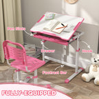 Qaba Kids Desk and Chairs Set, Height Adjustable Children School Study Desk with Tilt Desktop, Storage Drawer, Pen Slot, Hook