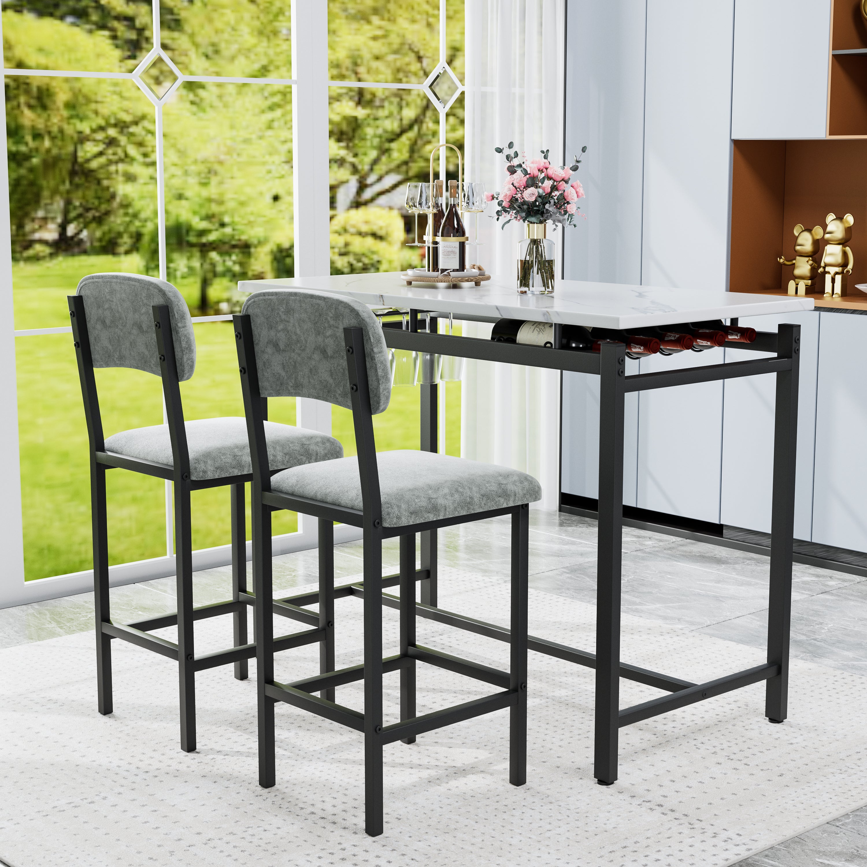 Modern Dining Table and Chairs for 2, Marble Finishes Dining Table Set with 2 Upholstered Chairs, Kitchen Table Set Bar Pub Set for Breakfast Nook, Dining Room, Rustic Black, Grey Chair - Grand Goldman Shop