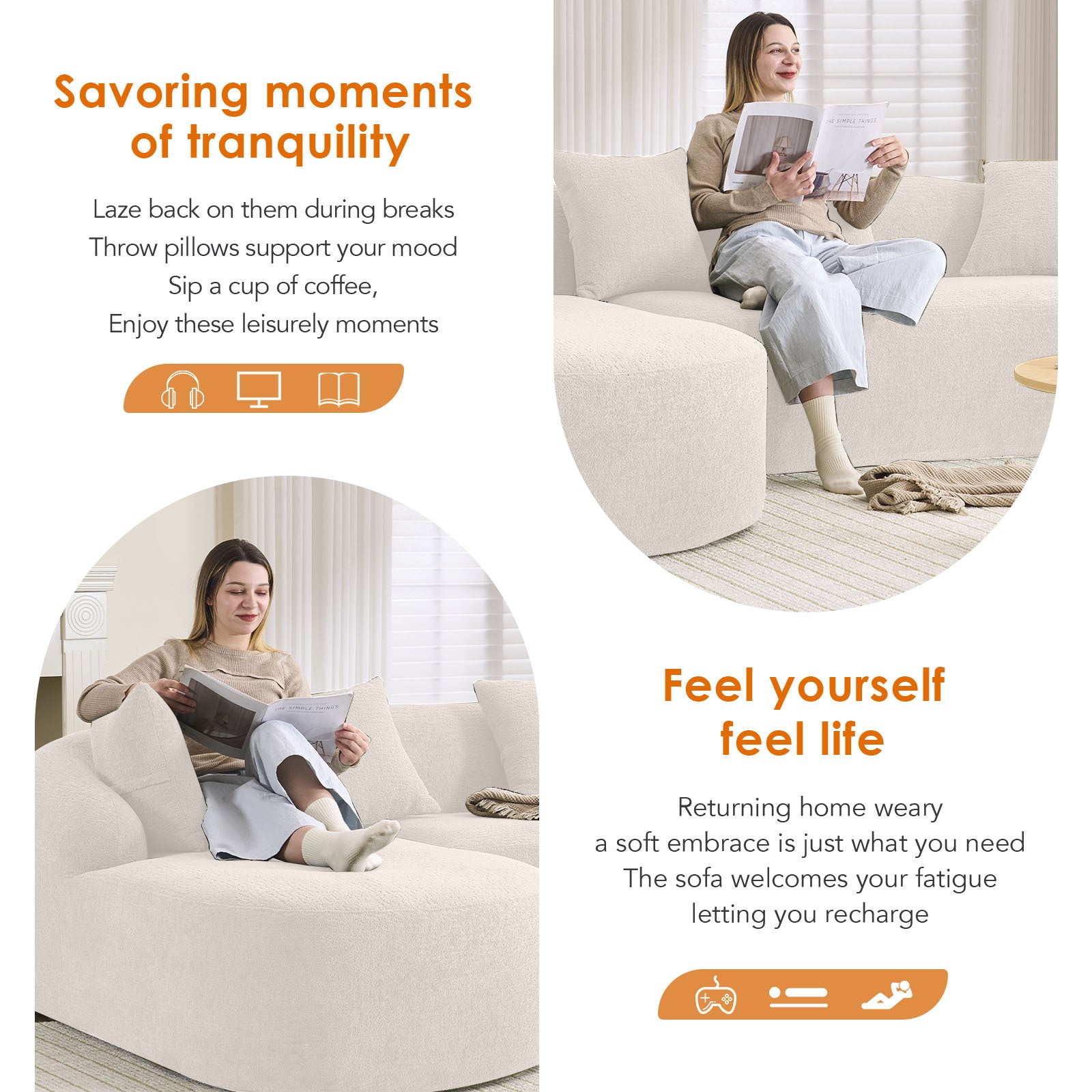 Boneless L-Shape Sectional Sofa with Curved Chaise,White Modular Chenille Compression Couch,30D High-Density Foam,Minimalist Modular Couches Sleeper for Living Room Bedroom Apartment Lounge. - Grand Goldman Shop
