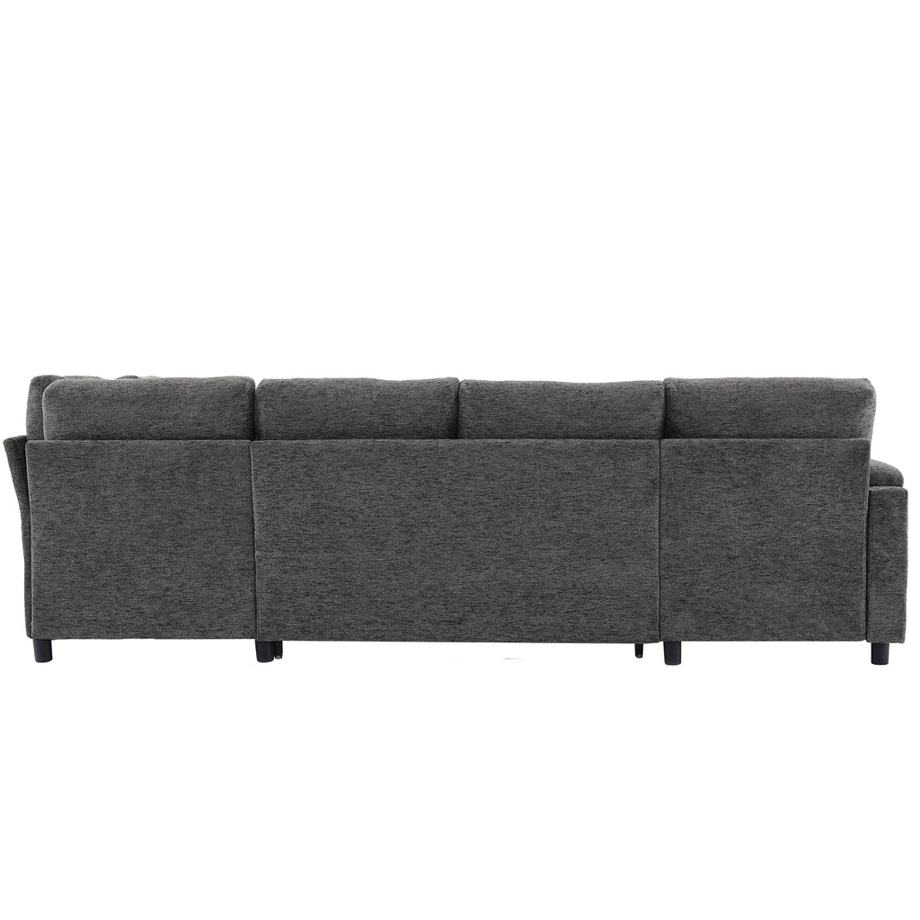 Versatile U-Shaped Sectional Sofa Bed with Storage, Cup Holders, Charging Ports in Grey Chenille - Grand Goldman Shop