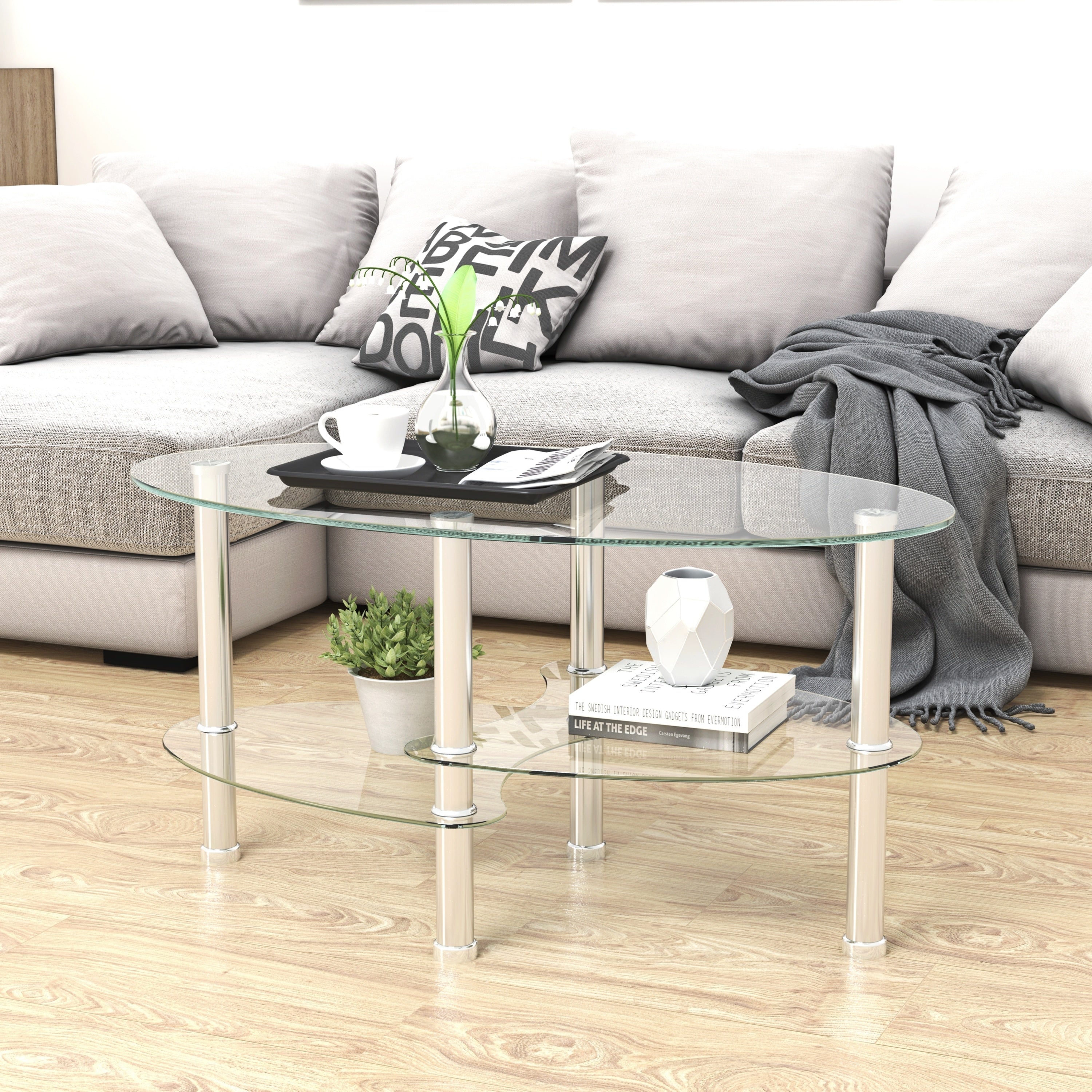 Modern Transparent Oval Glass Coffee Table with Stainless Steel Legs and 3-Layer Design for Living Room - Grand Goldman Shop