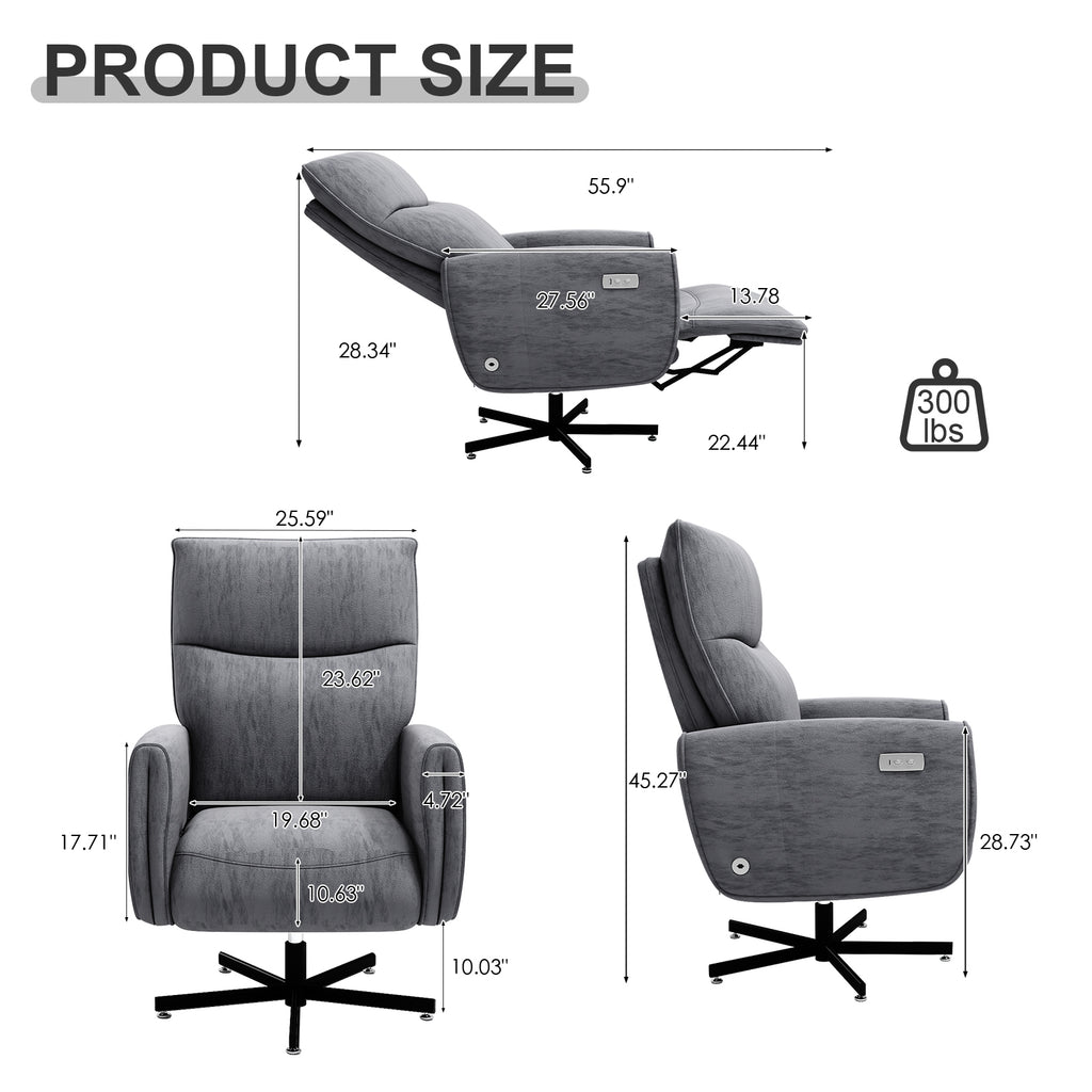 Power Swivel Recliner Chair, Electric Reclining with USB & Type-C Charging, 360° Swivel Velvet Upholstered Accent Chair, for 