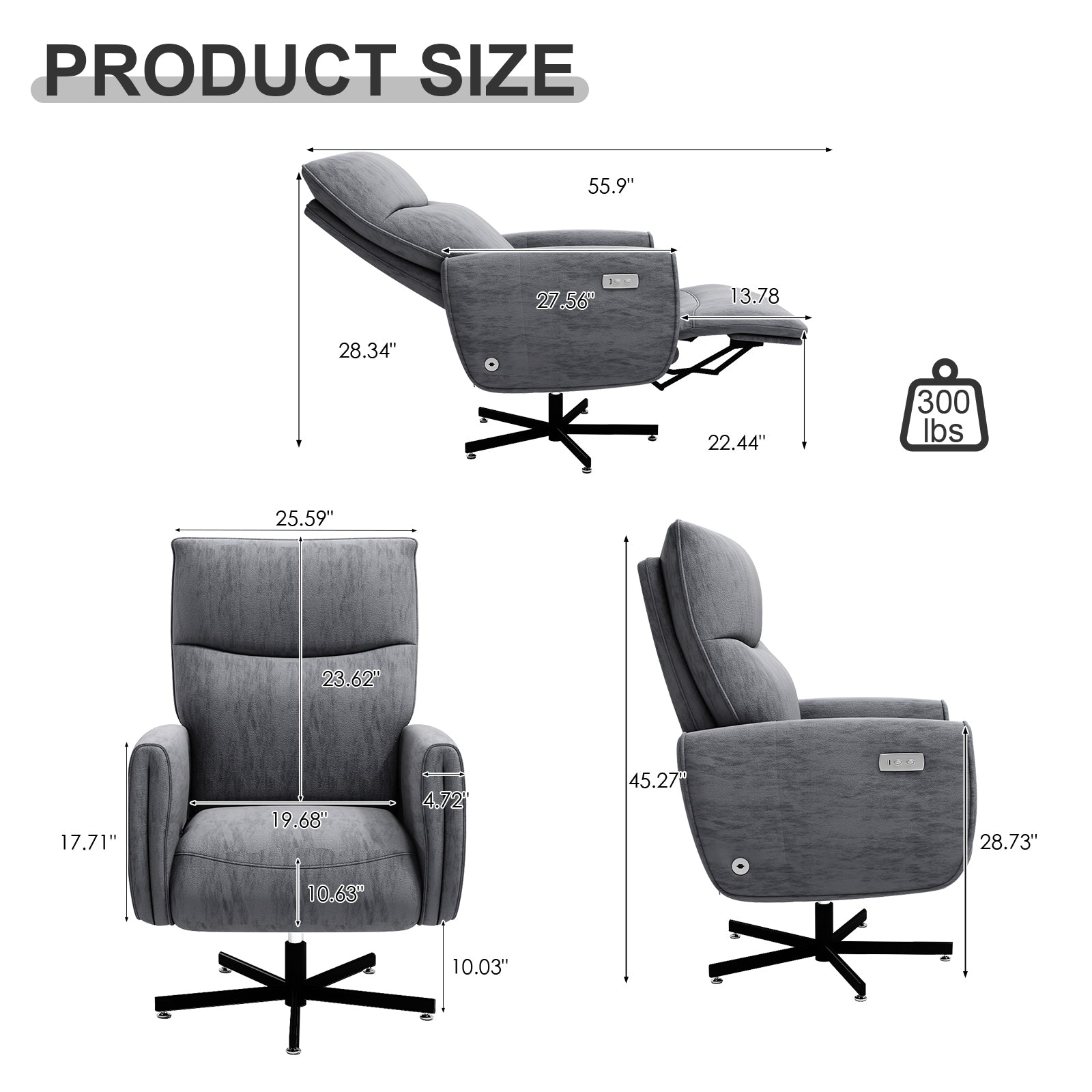 Power Swivel Recliner Chair, Electric Reclining with USB & Type-C Charging, 360° Swivel Velvet Upholstered Accent Chair, for 
