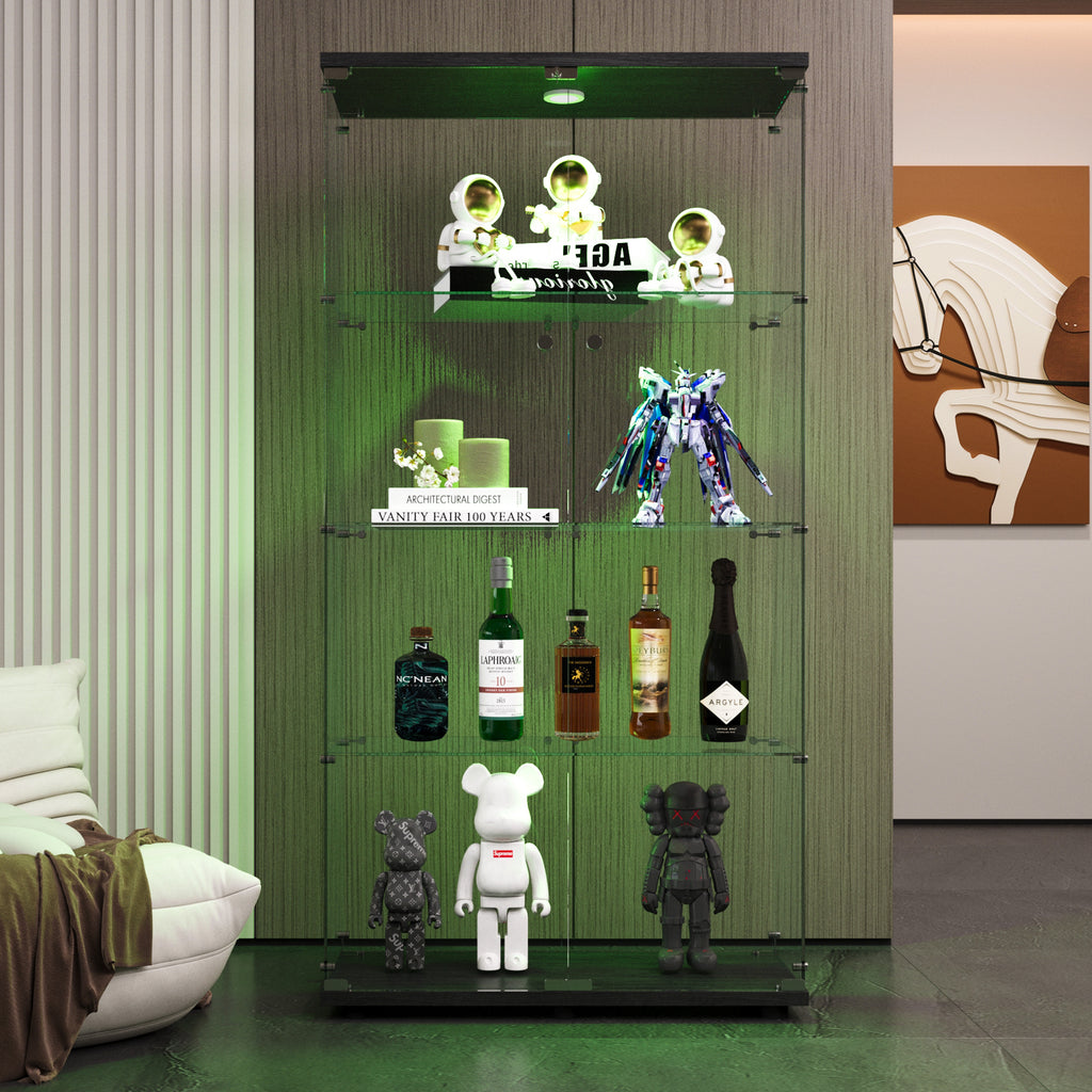 Two-door LED lights  Glass Display Cabinet 4 Shelves with Door, Floor Standing Curio Bookshelf for Living Room Bedroom Office