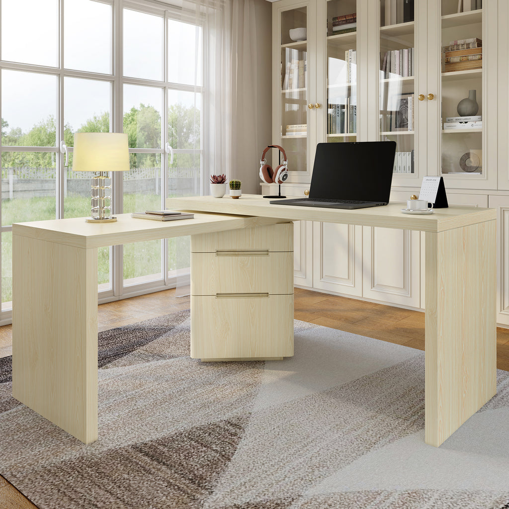 90' Modern L Shaped Desk in Natural Wood with 3 Drawers,360° Wood Rotating Desk,Executive Office Desk,Corner Desk,Office Stud