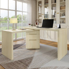 90' Modern L Shaped Desk in Natural Wood with 3 Drawers,360° Wood Rotating Desk,Executive Office Desk,Corner Desk,Office Stud