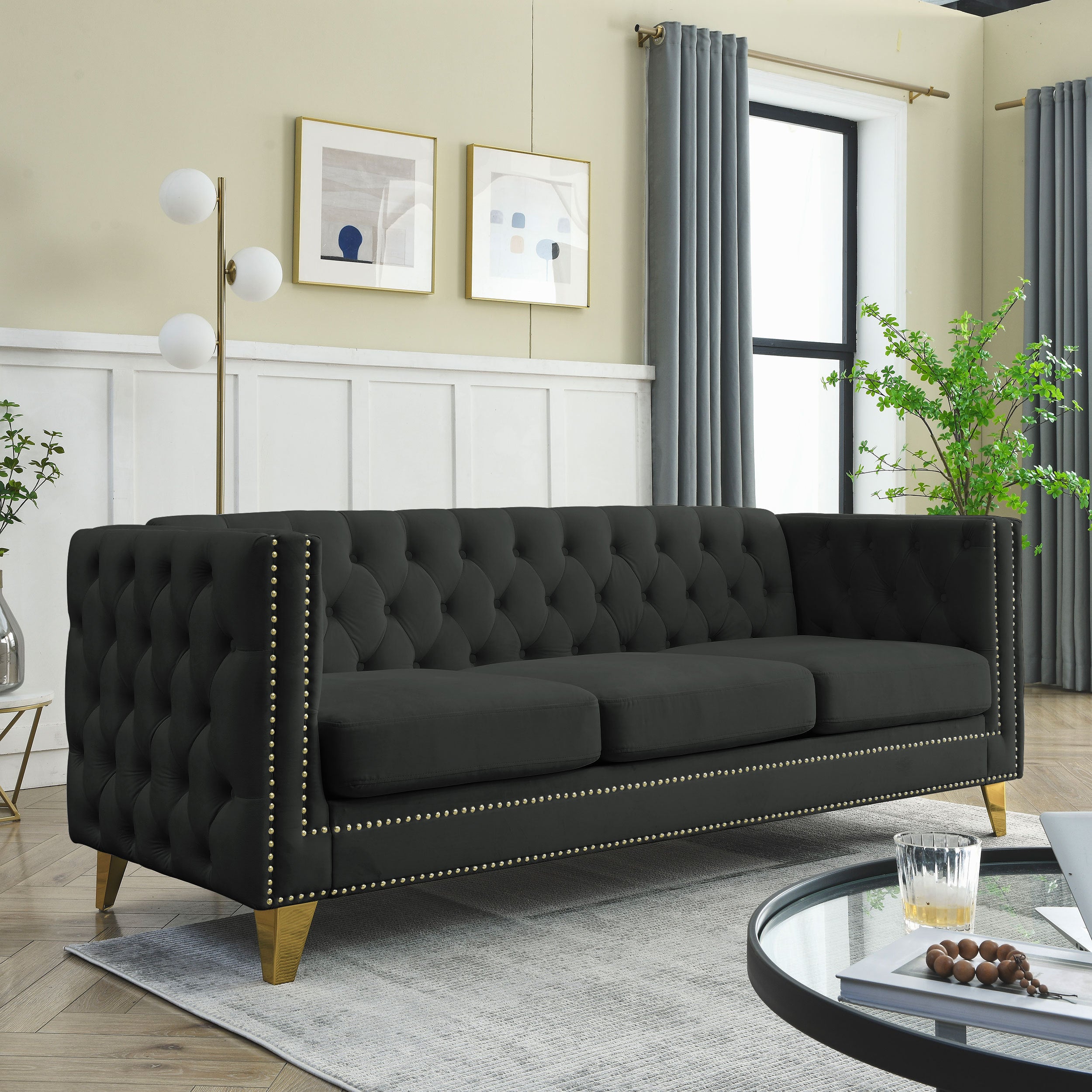 Modern Black Velvet Sofa with Button Tufting and Metal Legs, 3-Seater Couch for Living Room or Bedroom, Upholstered in Soft Velvet with Solid Wood Frame - Grand Goldman Shop