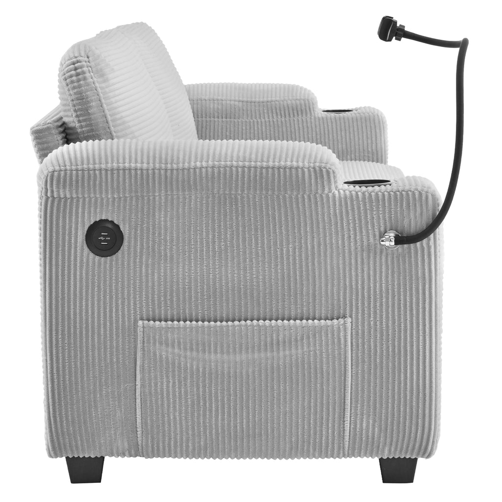 Corduroy Sleeper Sofa Loveseat with Full Size Mattress, USB Ports, Cup Holders, Side Pockets, and Phone Holder, Grey - Grand Goldman Shop