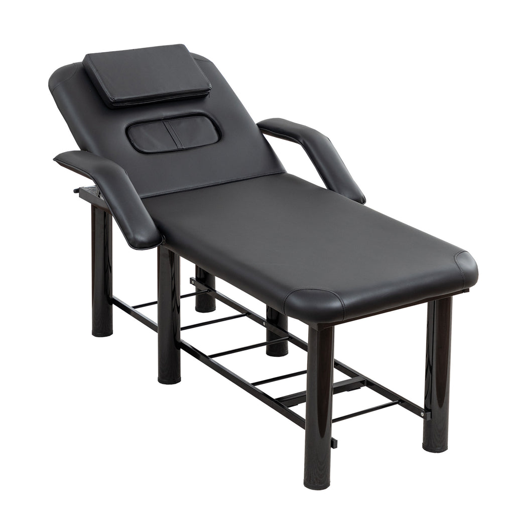 Professional Black Beauty Bed with Removable Headrest & Breast Cushions, Armrests and Storage Shelf for Massage, Facial, Tatt
