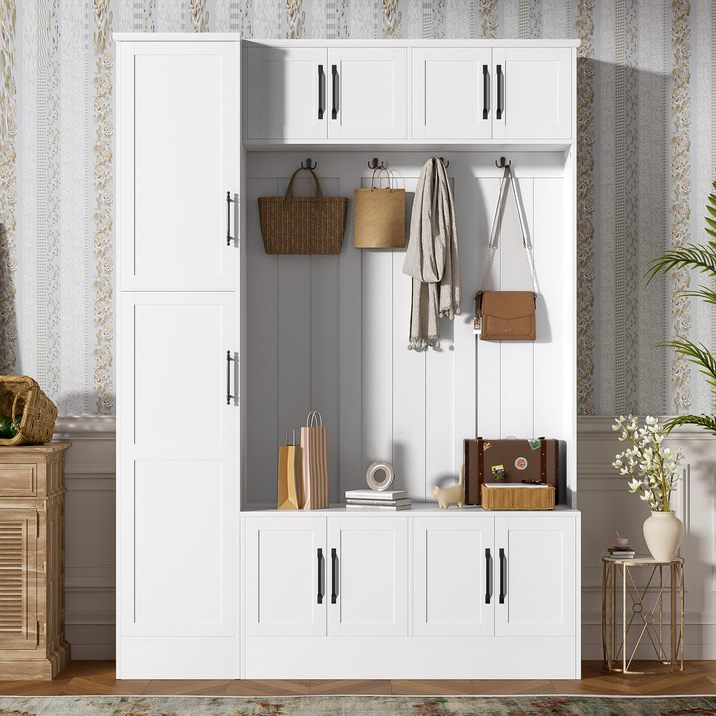 VIBE HAUS 79'' Tall Modern Hall Tree with Shoe Storage, 4-in-1 Entryway Bench with 6 Cabinets, 4 Coat Hooks & Adjustable Shelf for Hallway, living room, White - Grand Goldman Shop