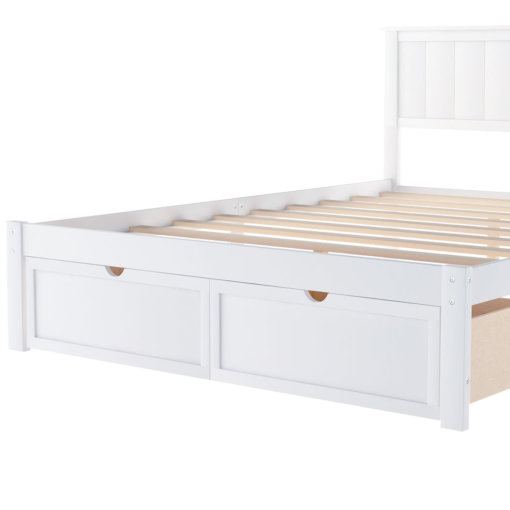 White Full Size Platform Bed with Under-bed Drawers, Solid Pine Wood and MDF, 78.3''L x 58.5''W x 36.2''H - Grand Goldman Shop