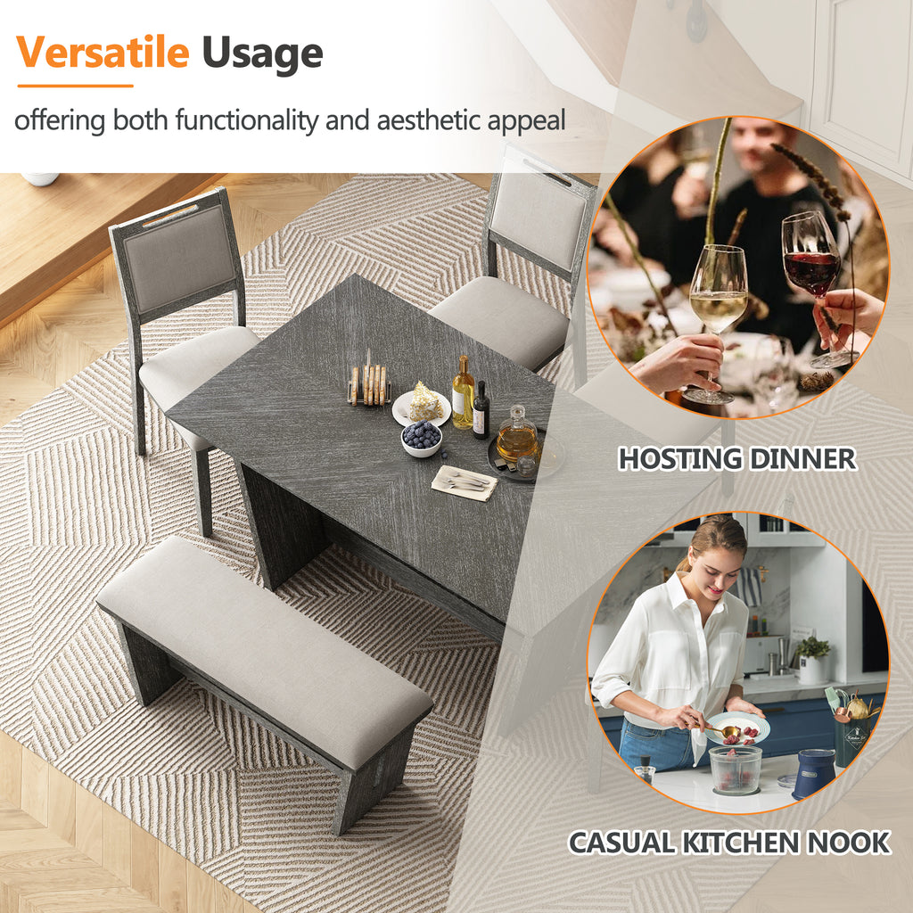 TREXM 6-Piece Retro Dining Table Set for 6, 60' Wood Kitchen Table and Chairs Set of 4 with Bench Designed Trestle Base for kitchen & Dining Room (Gray) - Grand Goldman Shop