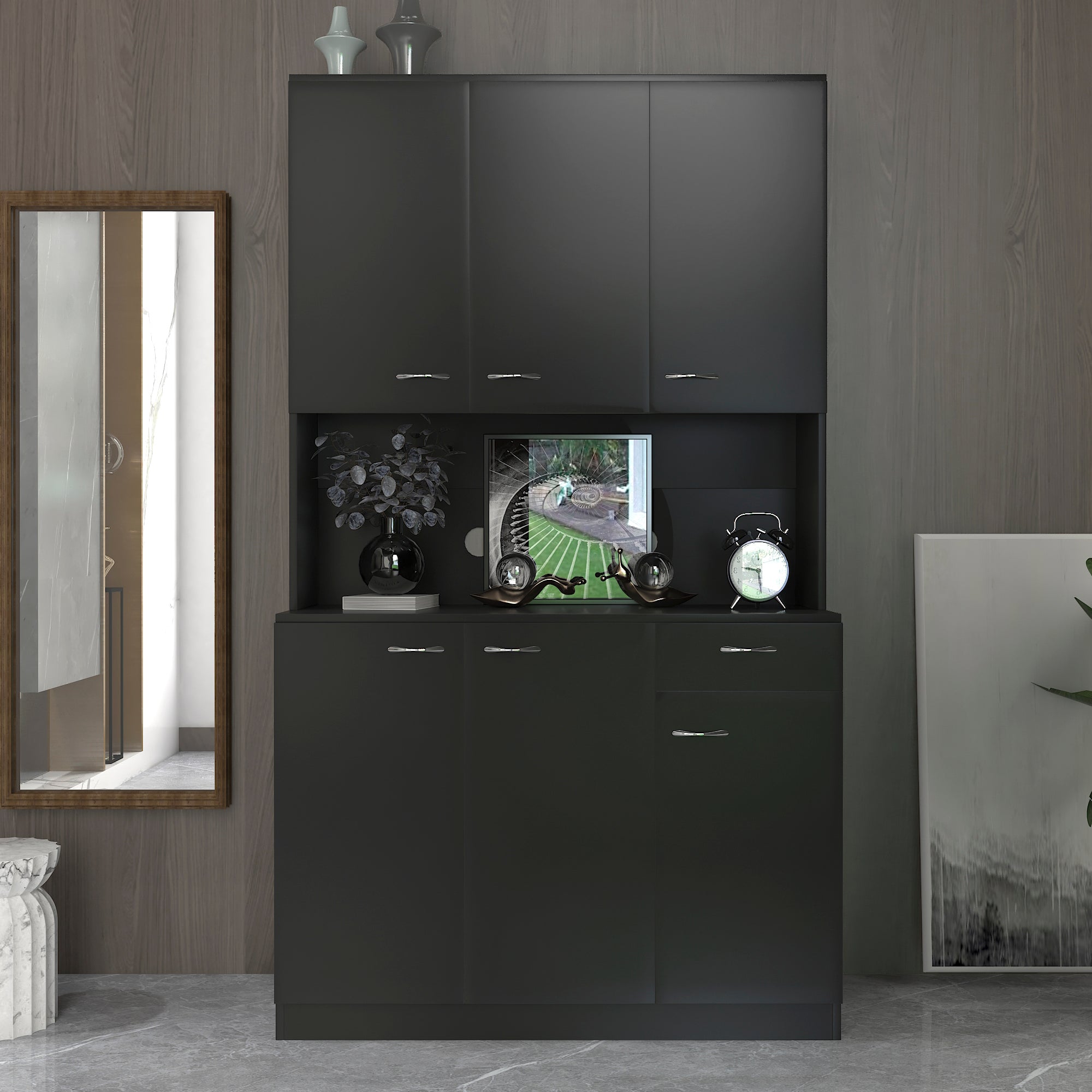 70.87' Tall Wardrobe& Kitchen Cabinet, with 6-Doors, 1-Open Shelves and 1-Drawer for bedroom,Black - Grand Goldman Shop