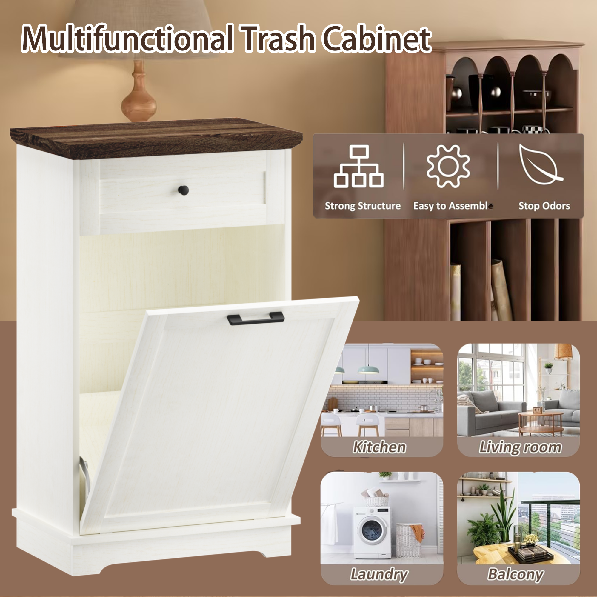 10 Gallon Tilt Out Trash Cabinet Freestanding Trash Bin Cabinet Wood Garbage Recycling Cabinet with Drawer Pet Proof Trash Can Holder for Kitchen Living Room, Antique White (Not include trash can) - Grand Goldman Shop