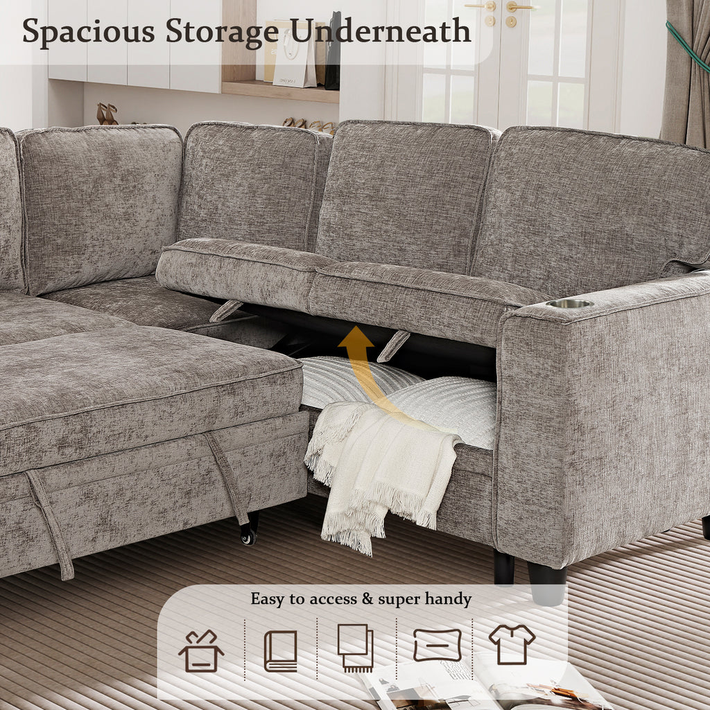 L-Shaped Sofa with Pull Out Sofa Bed, Sleeper Sofa Couch Bed with Storage Seat, 5 Seat Sectional Sofa Bed with USB, Sectional Sofa Couch for Living Room, Apartment, Light Brown - Grand Goldman Shop