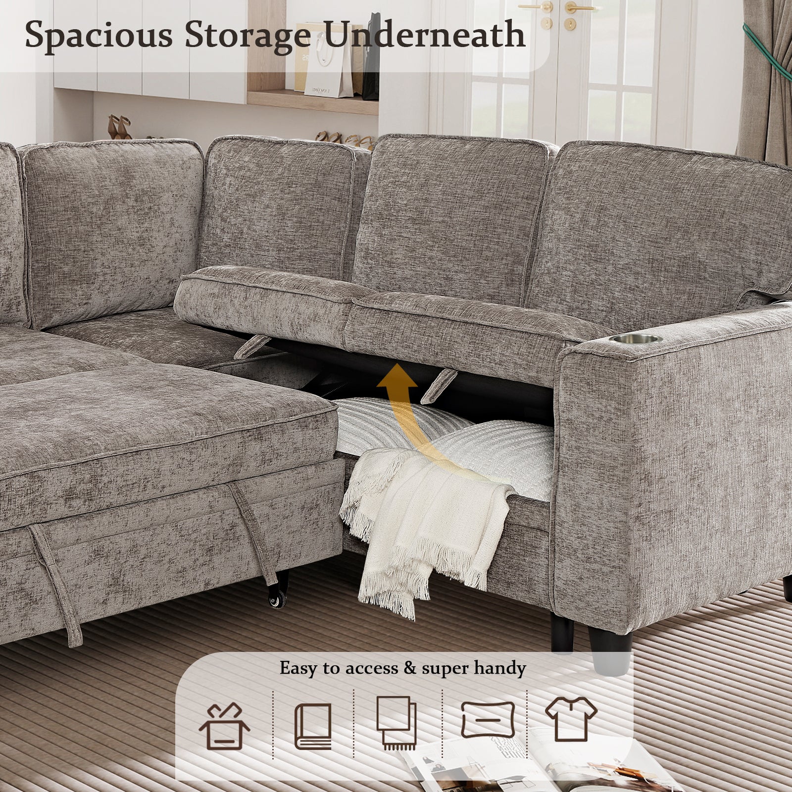 L-Shaped Sofa with Pull Out Sofa Bed, Sleeper Sofa Couch Bed with Storage Seat, 5 Seat Sectional Sofa Bed with USB, Sectional Sofa Couch for Living Room, Apartment, Light Brown - Grand Goldman Shop