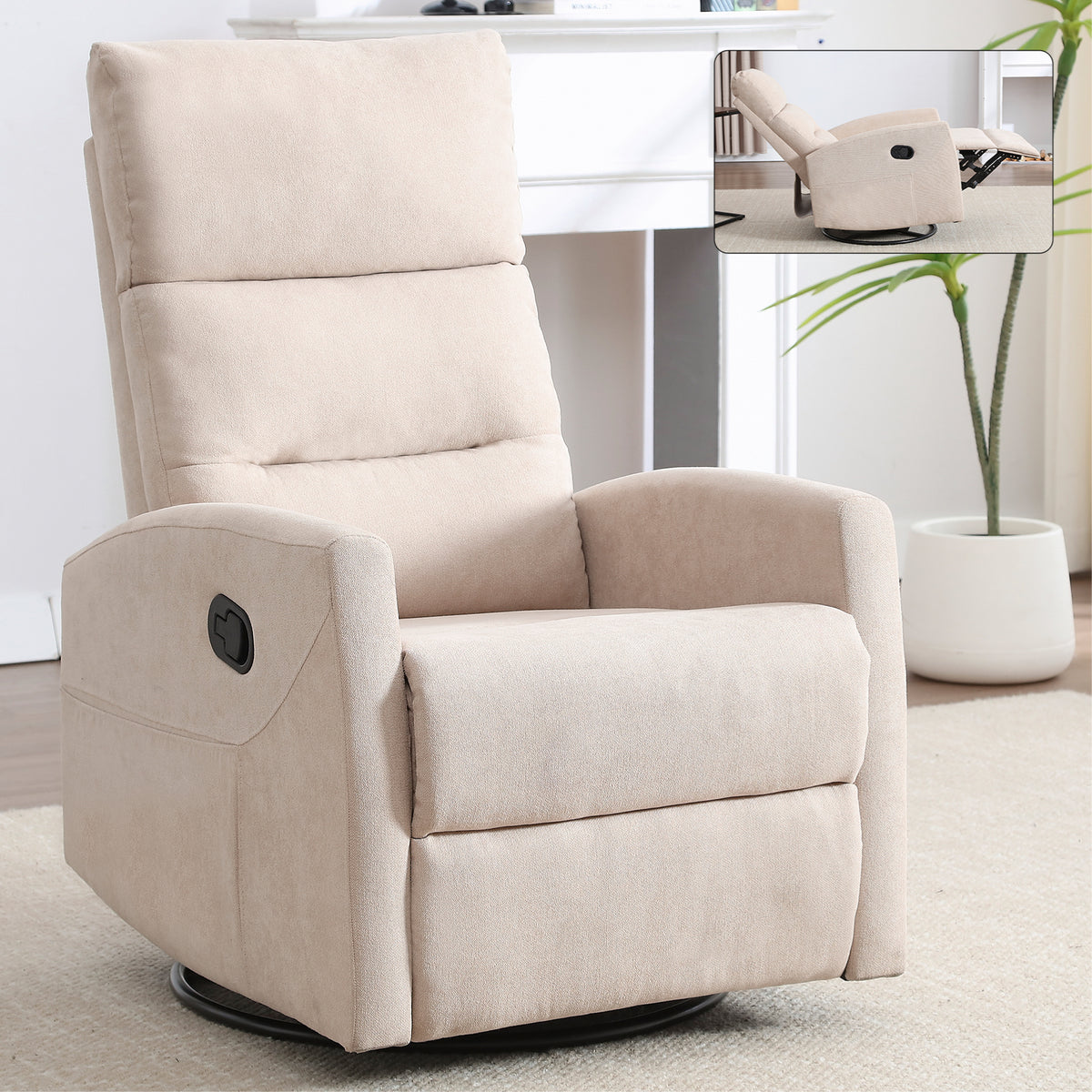 Manual Recliner Chair with Rocker and Swivel in Fabric for Living Room, Beige - Grand Goldman Shop