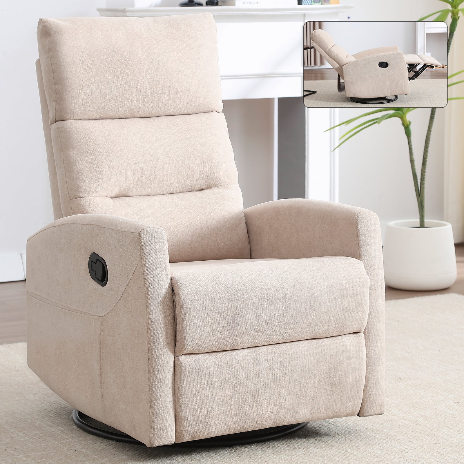 Manual Recliner Chair with Rocker and Swivel in Fabric for Living Room, Beige - Grand Goldman Shop