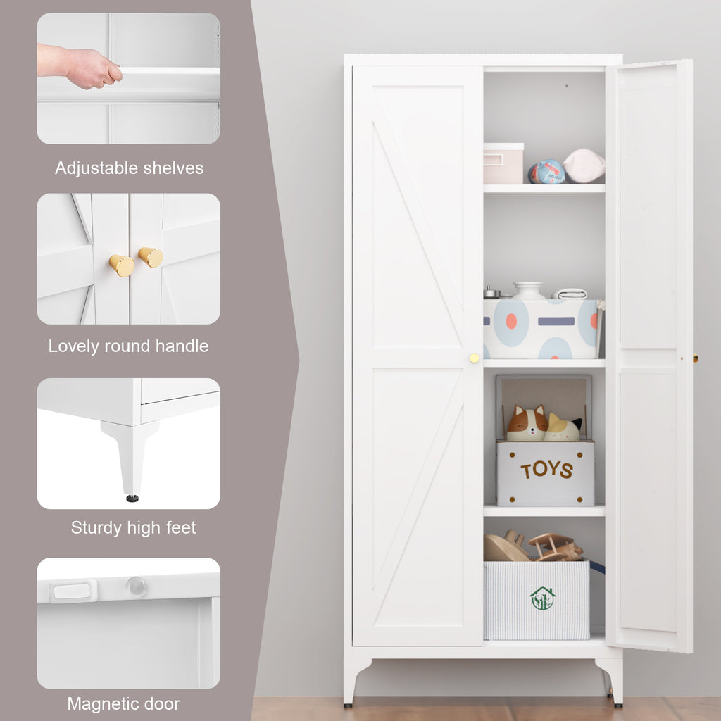White Metal Adjustable 2-Door Storage Cabinet with Powder-Coated Steel, Striped Design, Gold Handles, 4 Adjustable Shelves fo