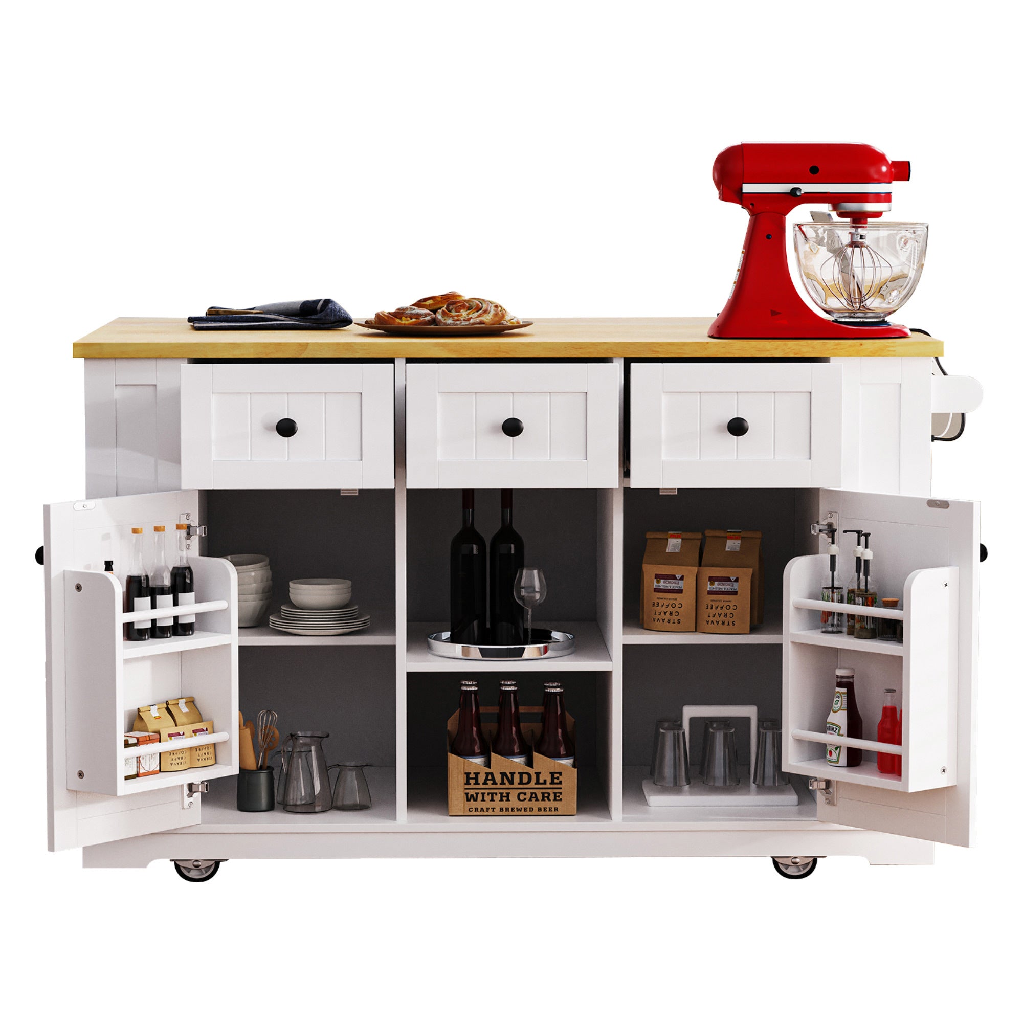 K&K 53inch Large Kitchen Island with Drop Leaf,Power Outlet,Door Internal Storage Rack,Rolling Kitchen Cart on 5 Wheels with 5 Open Side Racks for Kitchen,White (Two Packages)(Stools not included) - Grand Goldman Shop