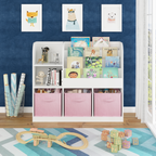 Kids Bookcase and Bookshelf with 3 Collapsible Fabric Drawers, Multifunctional White/Pink Display Stand for Bedroom, Playroom
