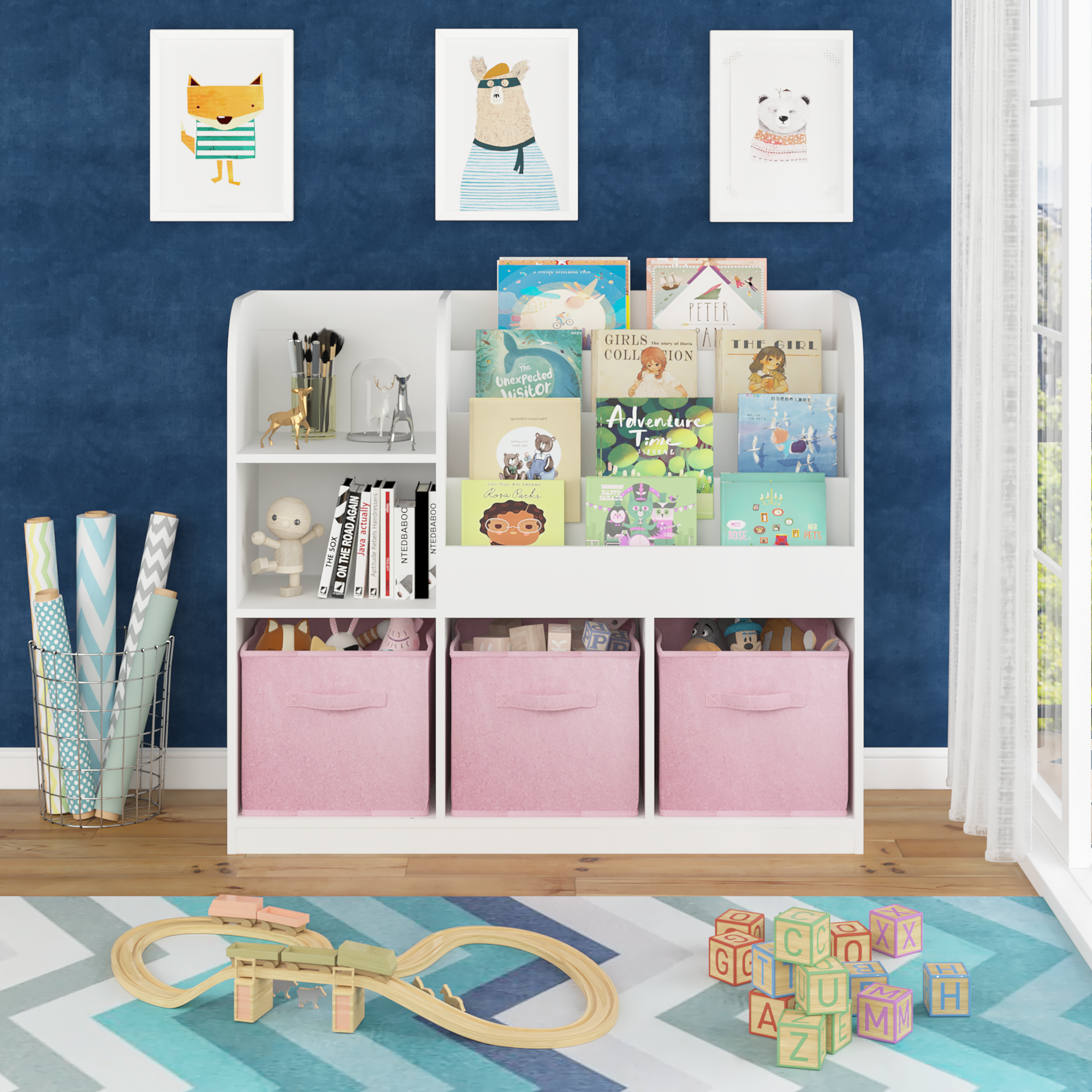 Kids Bookcase and Bookshelf with 3 Collapsible Fabric Drawers, Multifunctional White/Pink Display Stand for Bedroom, Playroom