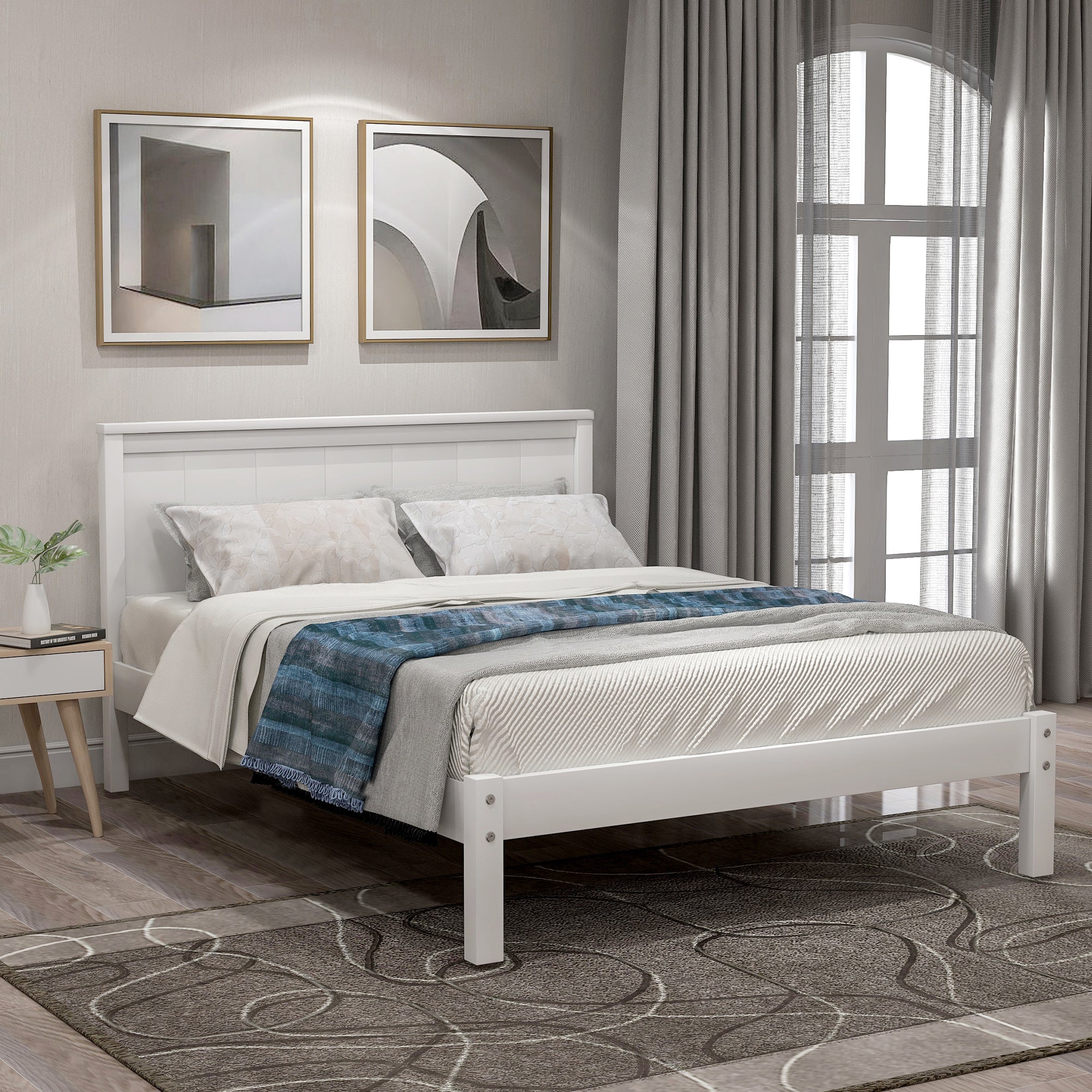 White Platform Bed Frame with Headboard, Wood Slat Support, No Box Spring Needed, Twin, Pine and MDF - Grand Goldman Shop