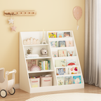 Kids Bookshelf and Toy Storage Organizer, Multifunctional 4-Tier White Wooden Bookcase with Toy Bin for Nursery, Playroom, or