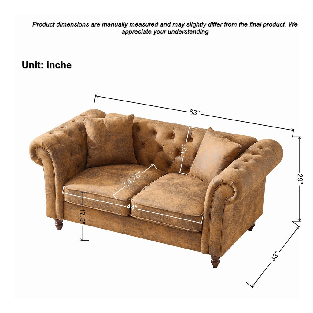 63'Chesterfield ‌tech Fabric Sofa,High-tech Fabric Roll Armrest Sofa,Upholstered Mid Century Modern Couch,2 Seater Couch for Living Room, Office, Apartment, Brown - Grand Goldman Shop