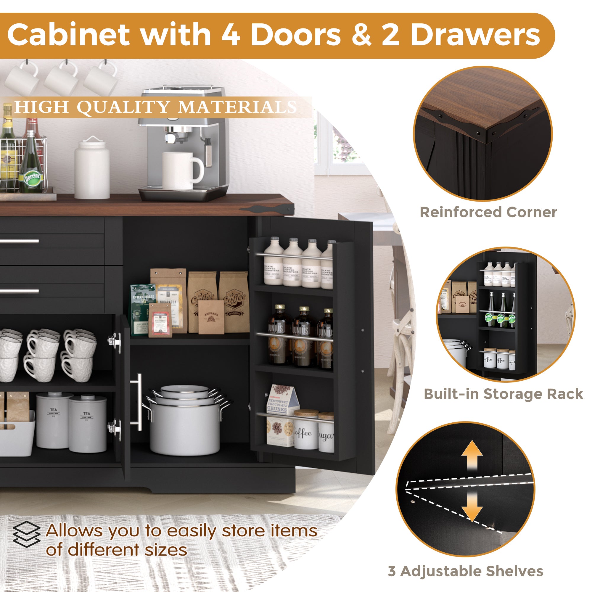 Black Farmhouse Barn Door Storage Cabinet with 2 Drawers & Door Rack, Adjustable Shelves, MDF Construction, 63.11' L x 15.75' W x 32.09' H - Grand Goldman Shop