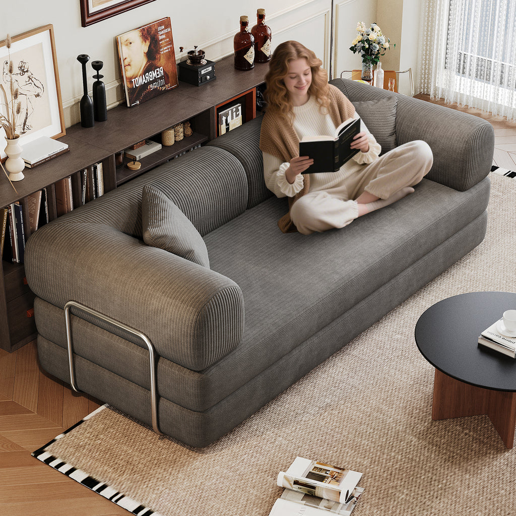 78.8' Compression Sofa,Convertible Floor Sofa Bed-with Pillow Back Support Armrest,Comfy Futon Couch Sleeper Bed,Loveseats Boneless Modular Sectional Sofa,Corduroy fabric,for Living Room,Bedroom,Grey - Grand Goldman Shop