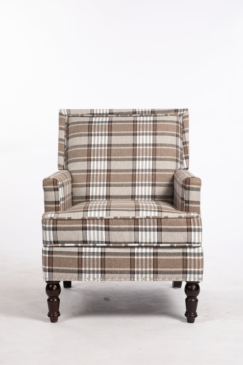 Upholstered Accent Chair, Vintage Armchair with Brown Linen Fabric and Nailhead Trim for Living Room - Grand Goldman Shop