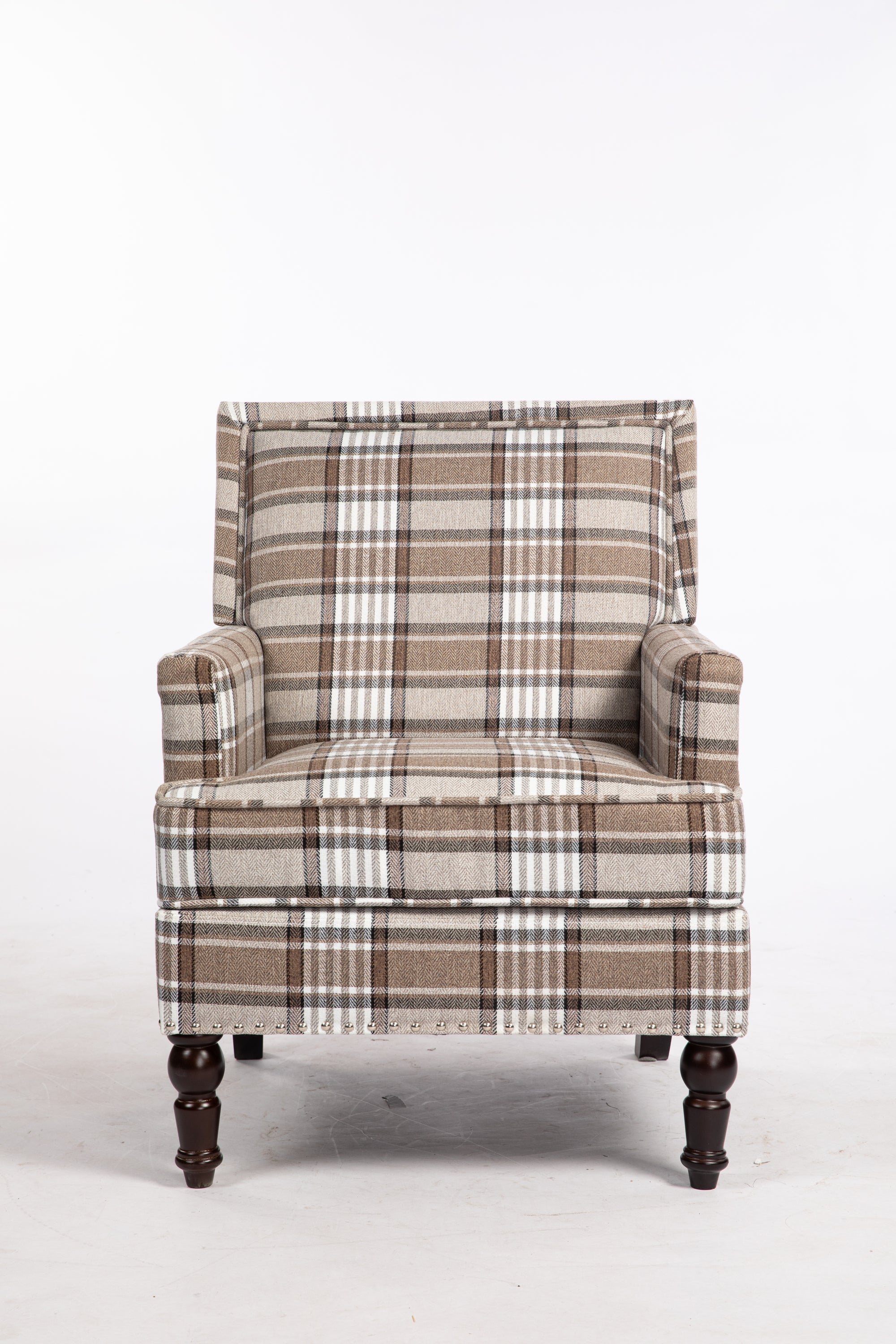 Upholstered Accent Chair, Vintage Armchair with Brown Linen Fabric and Nailhead Trim for Living Room - Grand Goldman Shop
