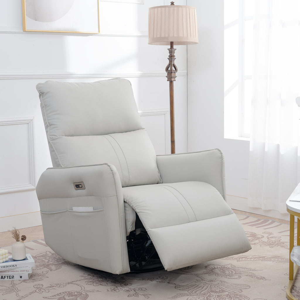 270° Power Swivel Rocker Recliner Chair, PU Leather Electric Glider Reclining Sofa with USB Ports, Power Swivel Glider, Rocking Chair,Nursery Recliners for Living Room Bedroom(Light Gray+270°Swivel) - Grand Goldman Shop
