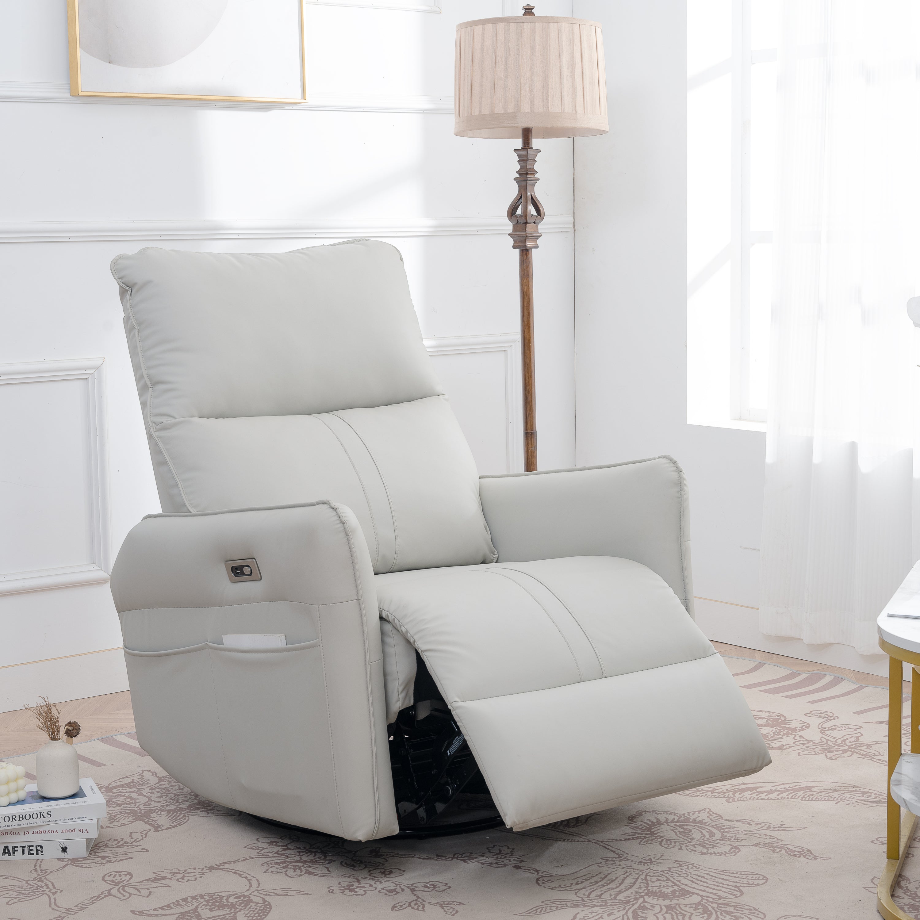 270° Power Swivel Rocker Recliner Chair, PU Leather Electric Glider Reclining Sofa with USB Ports, Power Swivel Glider, Rocking Chair,Nursery Recliners for Living Room Bedroom(Light Gray+270°Swivel) - Grand Goldman Shop