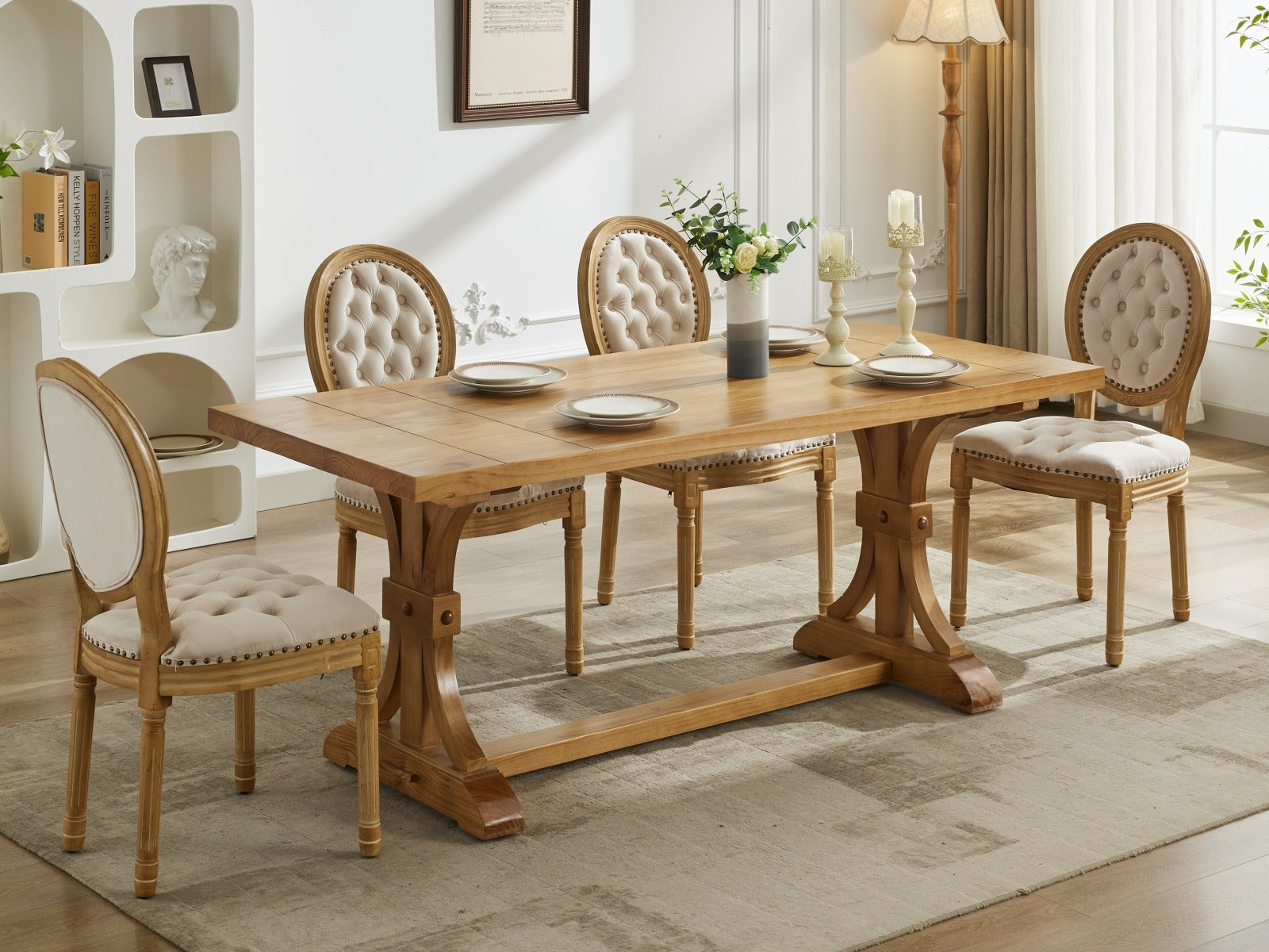 French Style Solid Wood Frame Antique Painting,Hand-pulled buckle decoration Velvet artificial leather Dining Chair with Nailhead Trim ,Wood Legs,Steel Spring inner,Set of 2,Beige,SW1739BG - Grand Goldman Shop