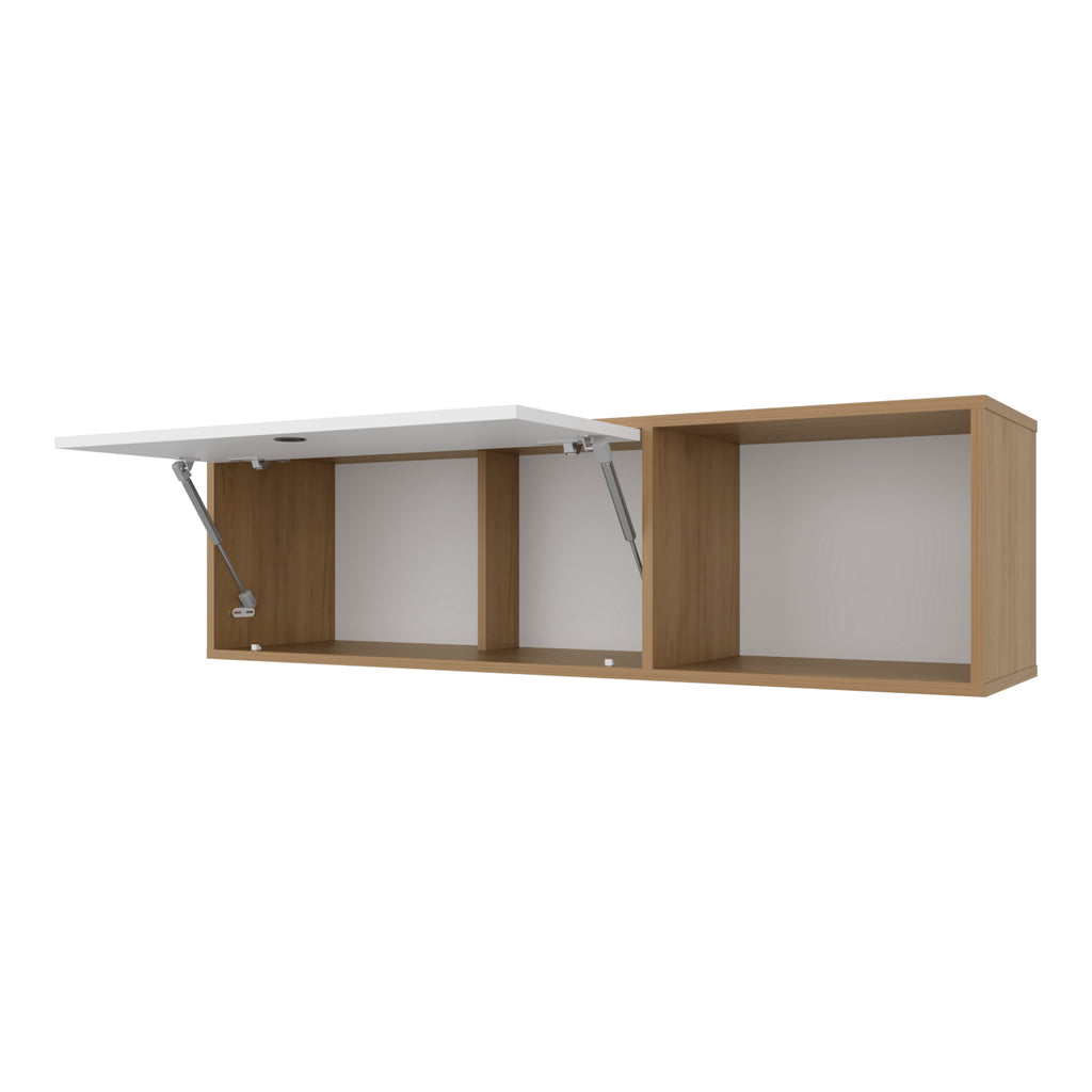 Roslyn Wall-Mounted Cabinet with Lift-Up Door, Open Compartments, Natural Oak and White - Grand Goldman