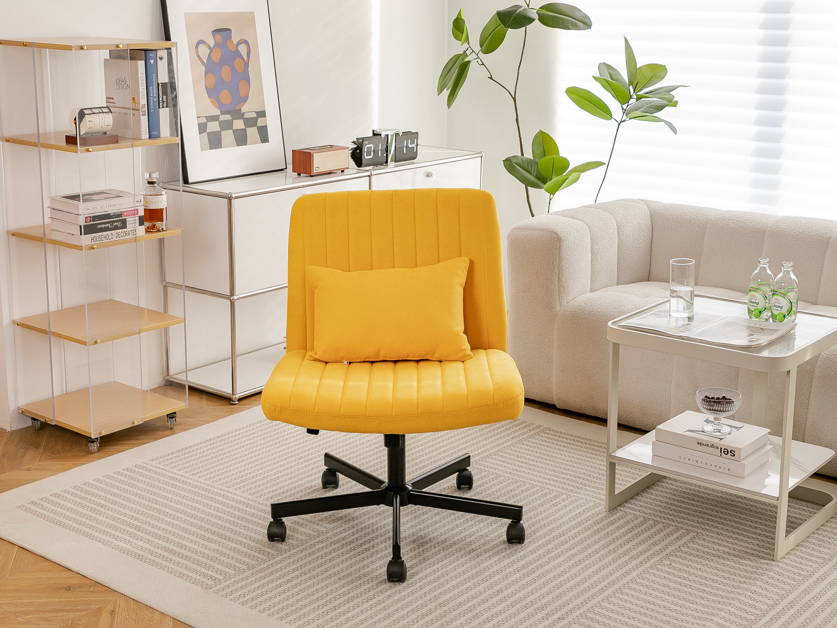 Yellow Linen Criss Cross Armless Office Chair with Wheels - Modern Comfort for Home Office, Meditation & Makeup Spaces - Gran