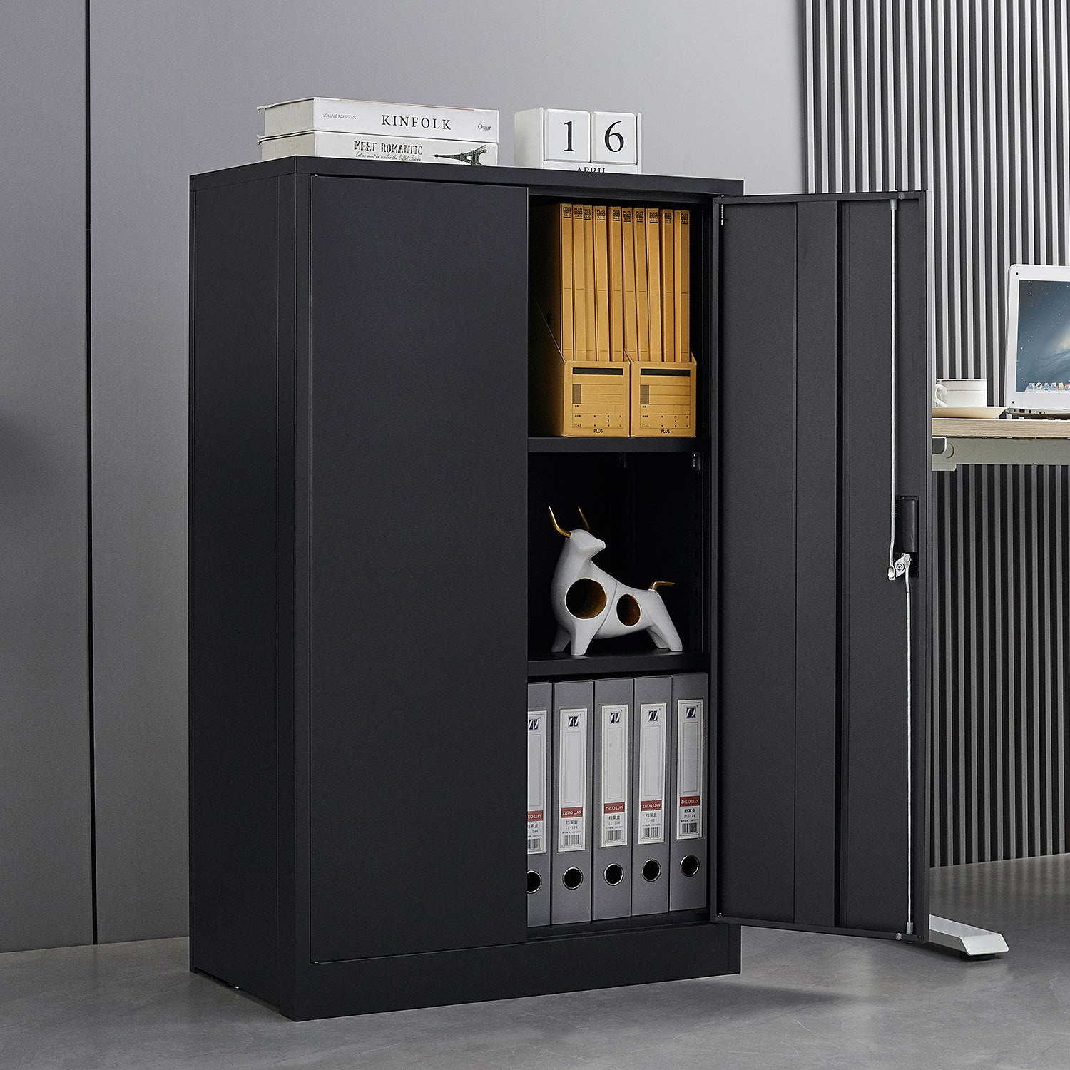 Black Metal Storage Cabinet with Locking Doors and Adjustable Shelf, Folding Filing Locker for Home Office, School, Garage, S