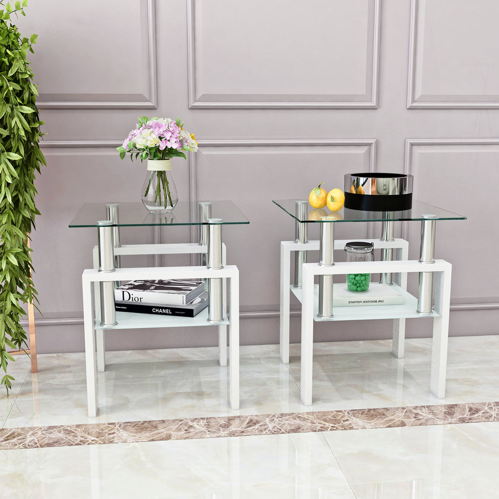 Set of 2, Modern Tempered Glass Tea Table Coffee Table End Table, Square Table for Living Room, Transparent/White - Grand Goldman Shop