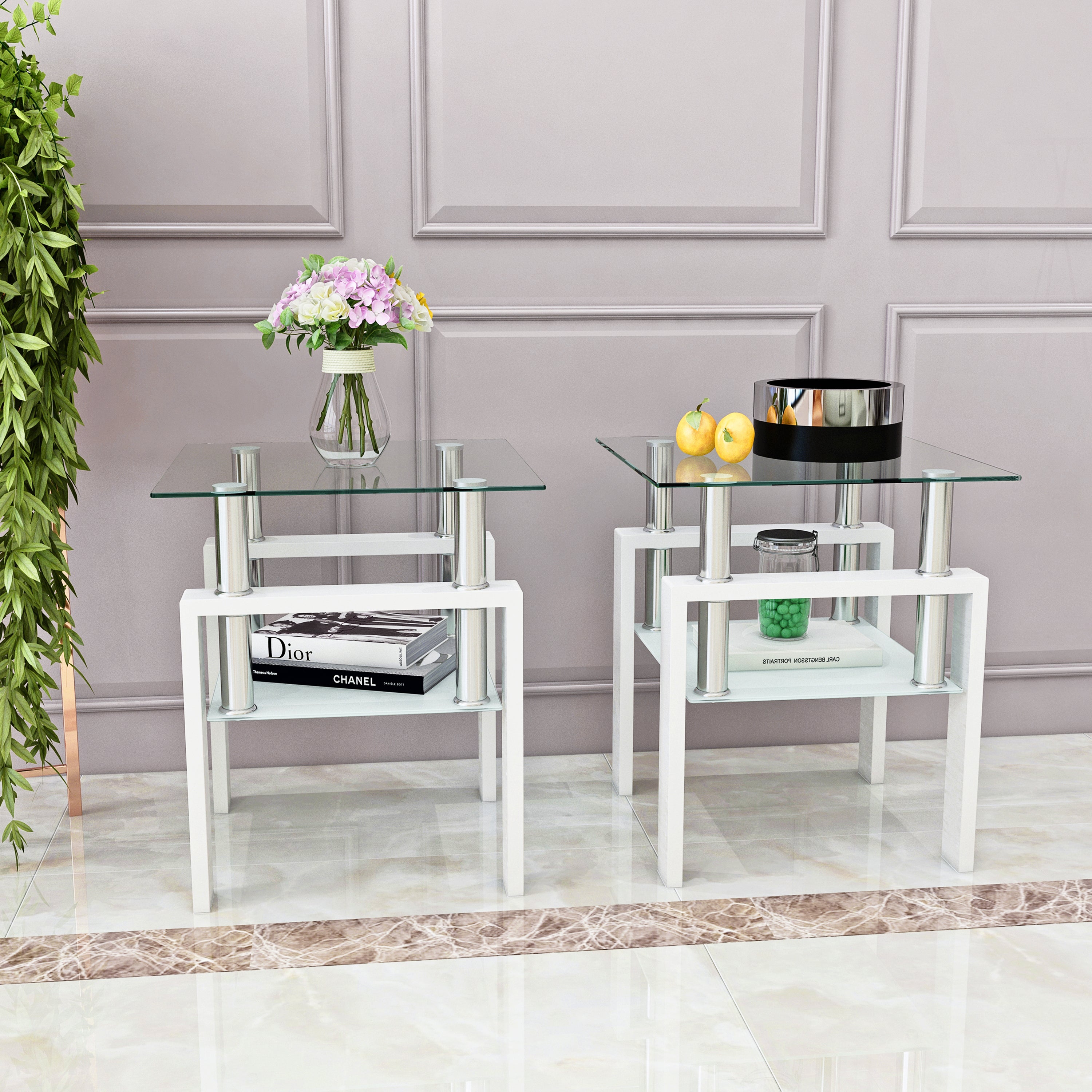 Set of 2, Modern Tempered Glass Tea Table Coffee Table End Table, Square Table for Living Room, Transparent/White - Grand Goldman Shop