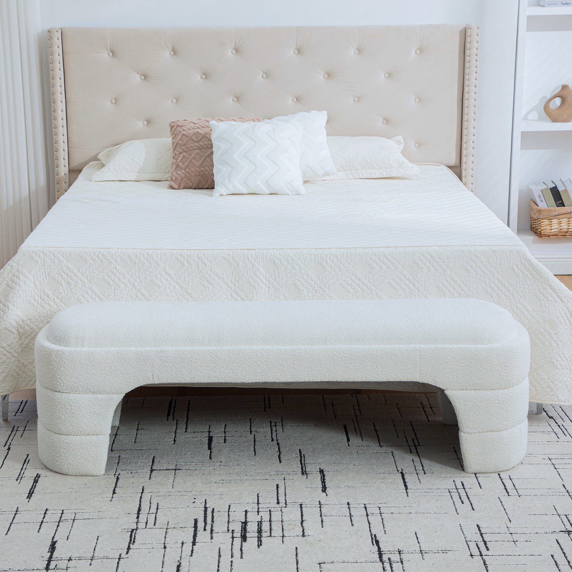 64.96'Wide Modern Upholstered Armless Upholstered Bedroom Benches End of Bed Bench for Entryway, Ottoman Foot Stool for Living Room and Bedroom, Entryway,White Boucle - Grand Goldman Shop