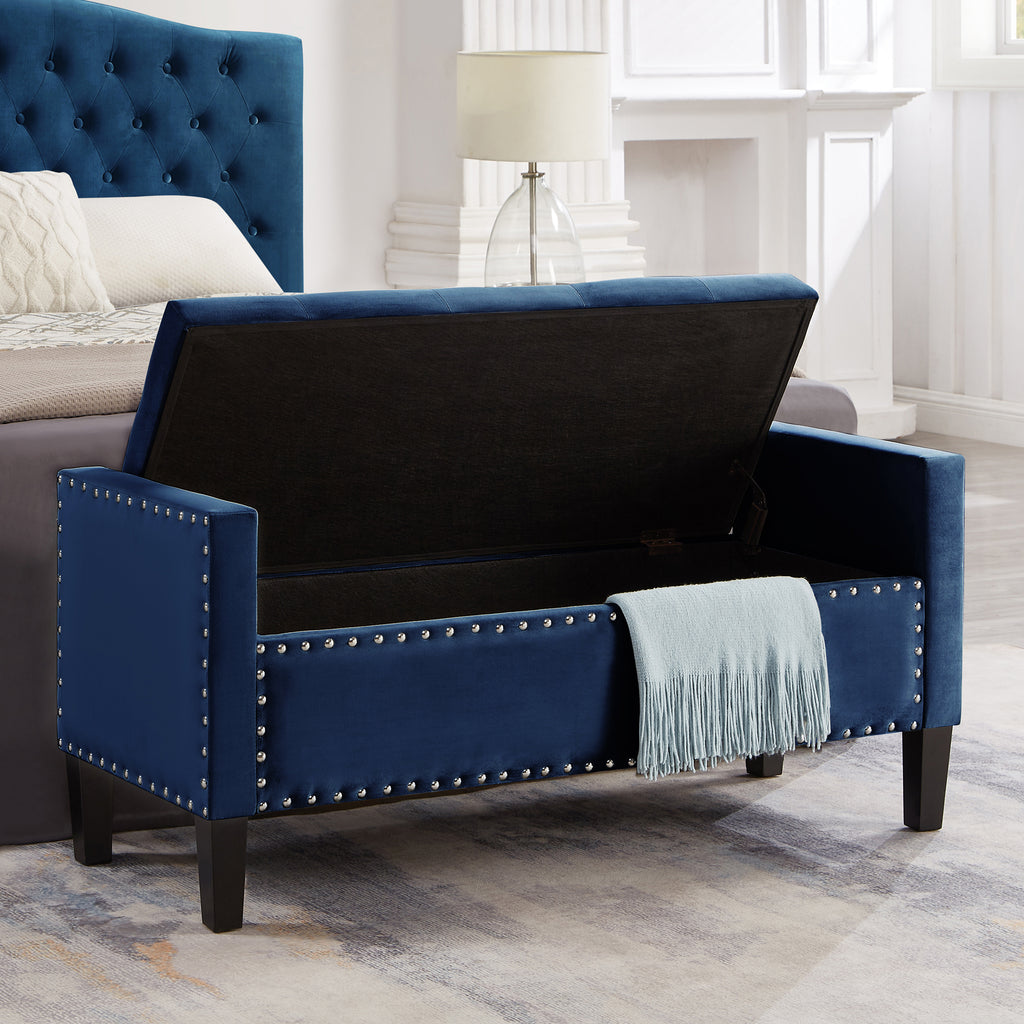 Upholstered Tufted Button Storage Bench with nails trim,Entryway Living Room Soft Padded Seat with Armrest,Bed Bench -Navy - Grand Goldman Shop