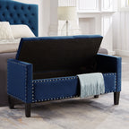 Upholstered Tufted Button Storage Bench with nails trim,Entryway Living Room Soft Padded Seat with Armrest,Bed Bench -Navy - Grand Goldman Shop