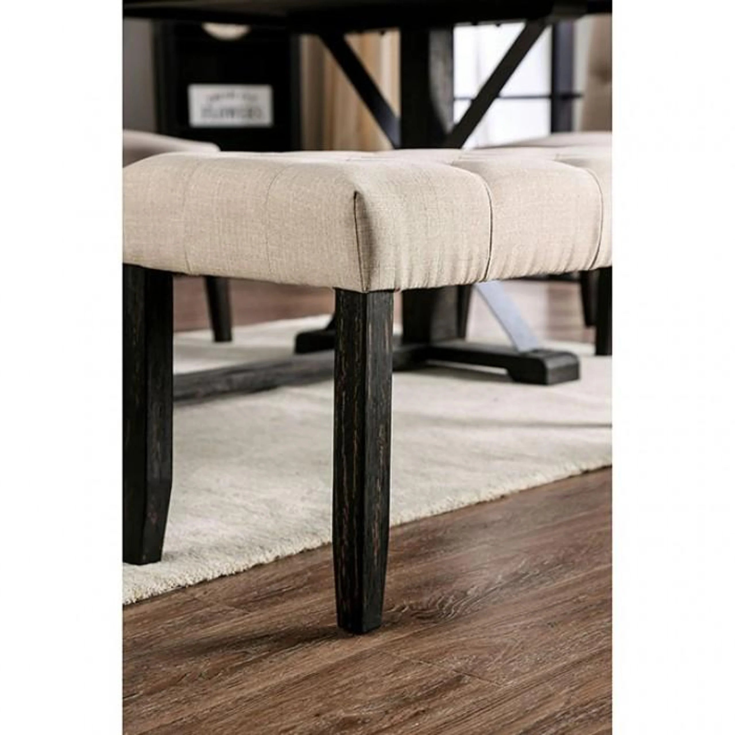 Classic Ivory 1PC BENCH Button Tufted Linen Like Fabric Solid wood Chair Upholstered Seat Breakfast Rustic Dining Room Furniture - Grand Goldman Shop