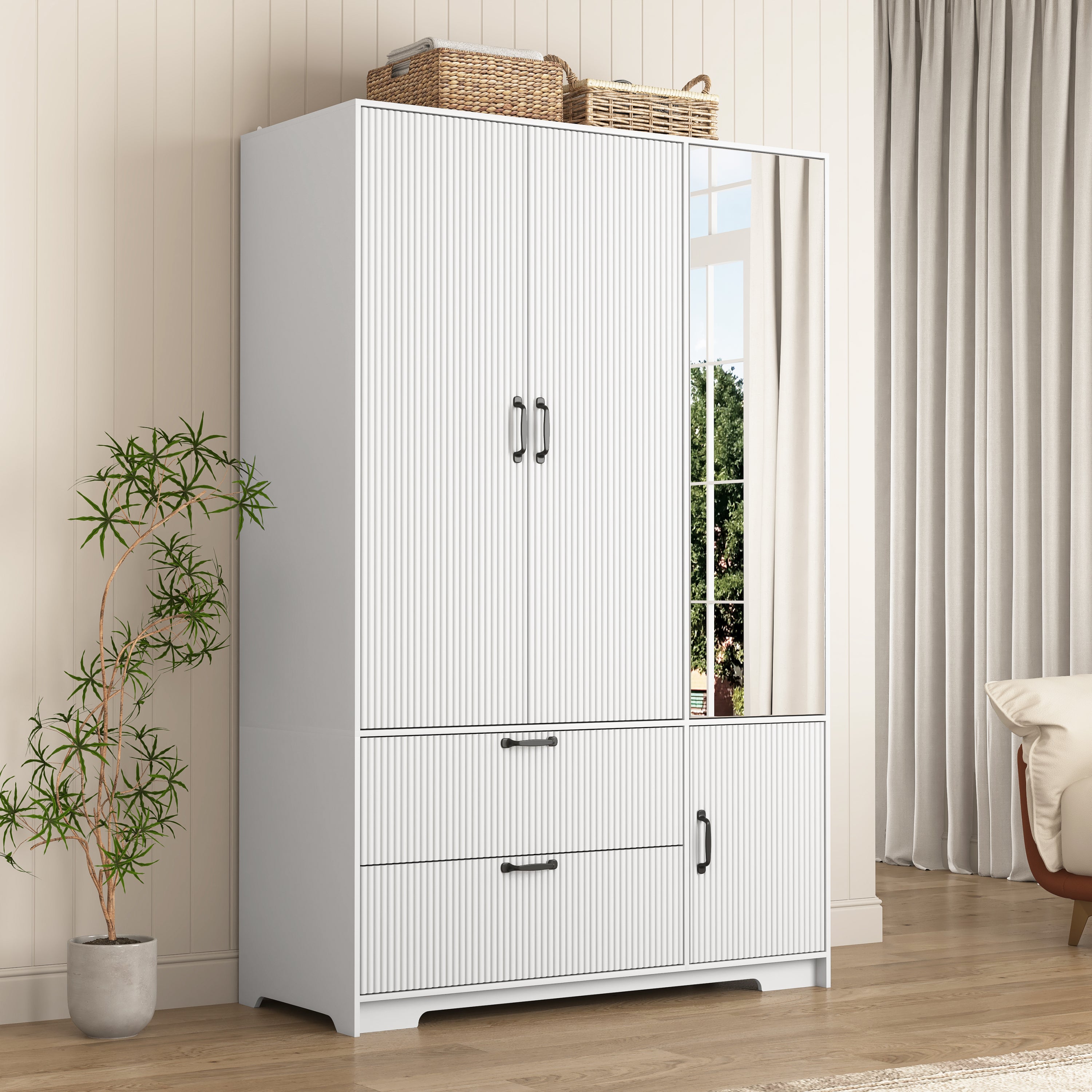 4 Doors Wardrobe Closet with Mirror, LED Wardrobe with Doors and 2 Drawers, Wooden Wardrobe Storage Cabinet with Hanging Rod, Adjustable Shelves, White - Grand Goldman Shop