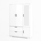 4 Doors Wardrobe Closet with Mirror, LED Wardrobe with Doors and 2 Drawers, Wooden Wardrobe Storage Cabinet with Hanging Rod, Adjustable Shelves, White - Grand Goldman Shop