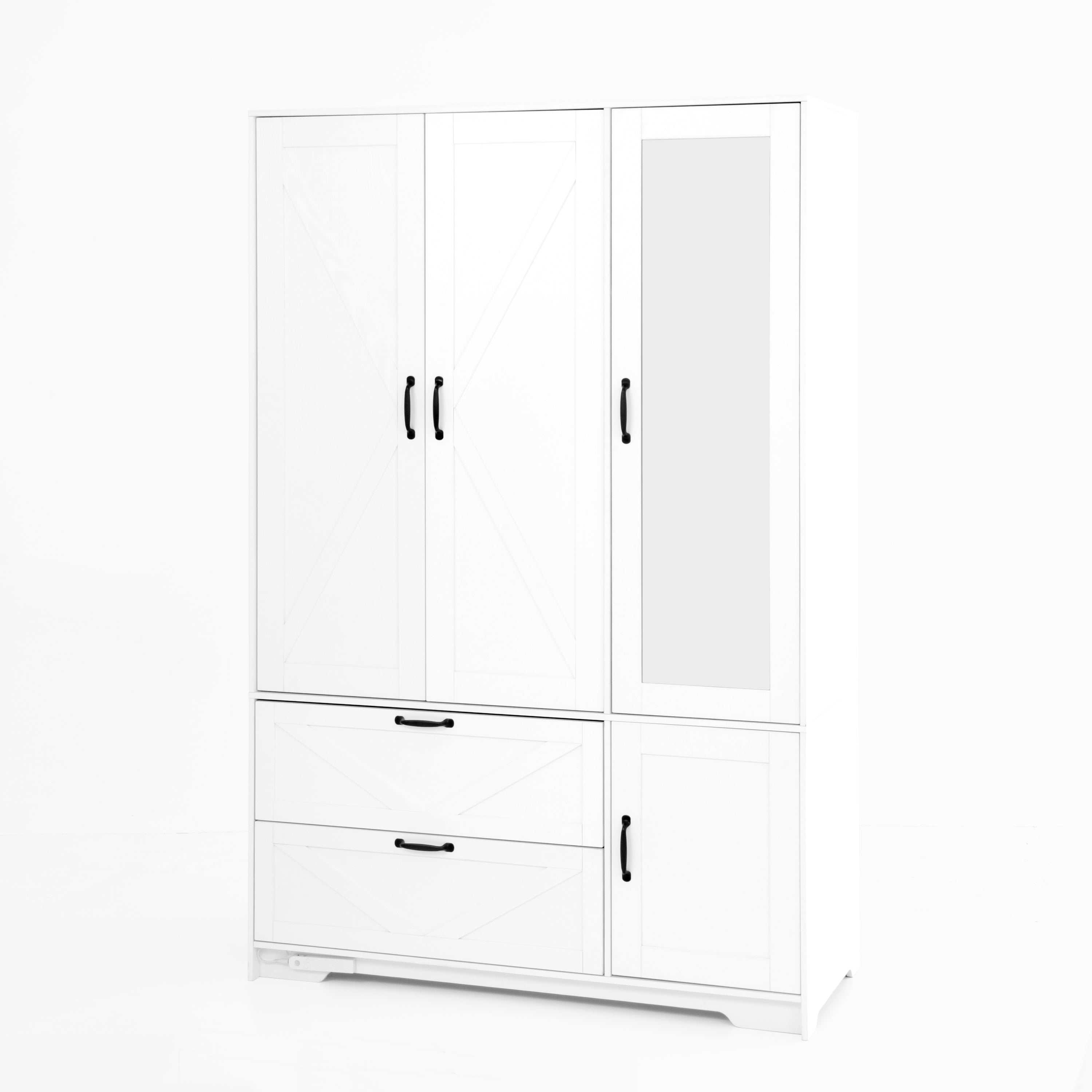 4 Doors Wardrobe Closet with Mirror, LED Wardrobe with Doors and 2 Drawers, Wooden Wardrobe Storage Cabinet with Hanging Rod, Adjustable Shelves, White - Grand Goldman Shop